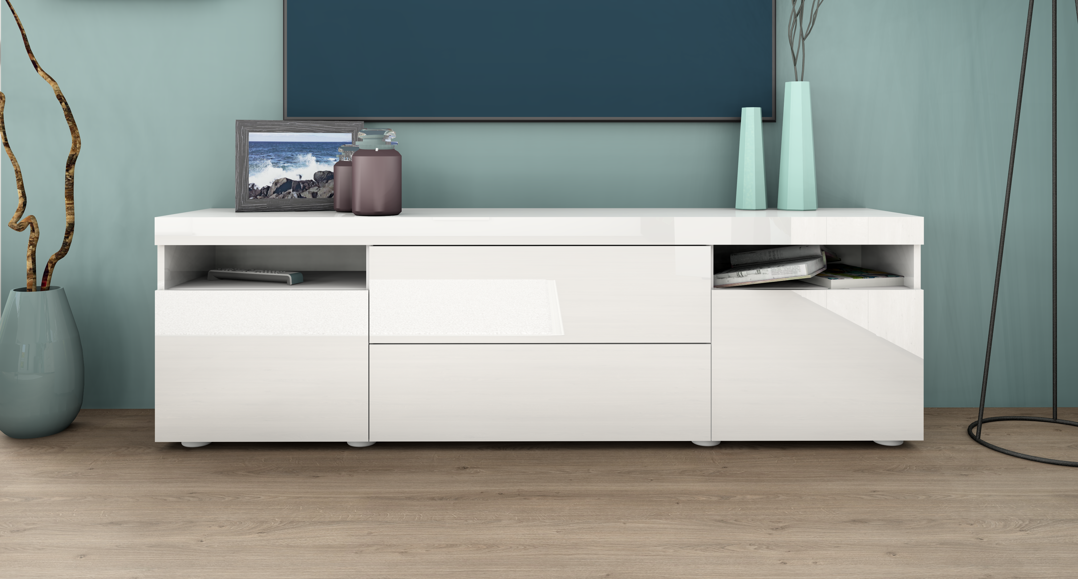 Kapstadt-LB-166-weiss-HG_1 Lowboard "Kapstadt" 166 cm, Weiß Hochglanz
