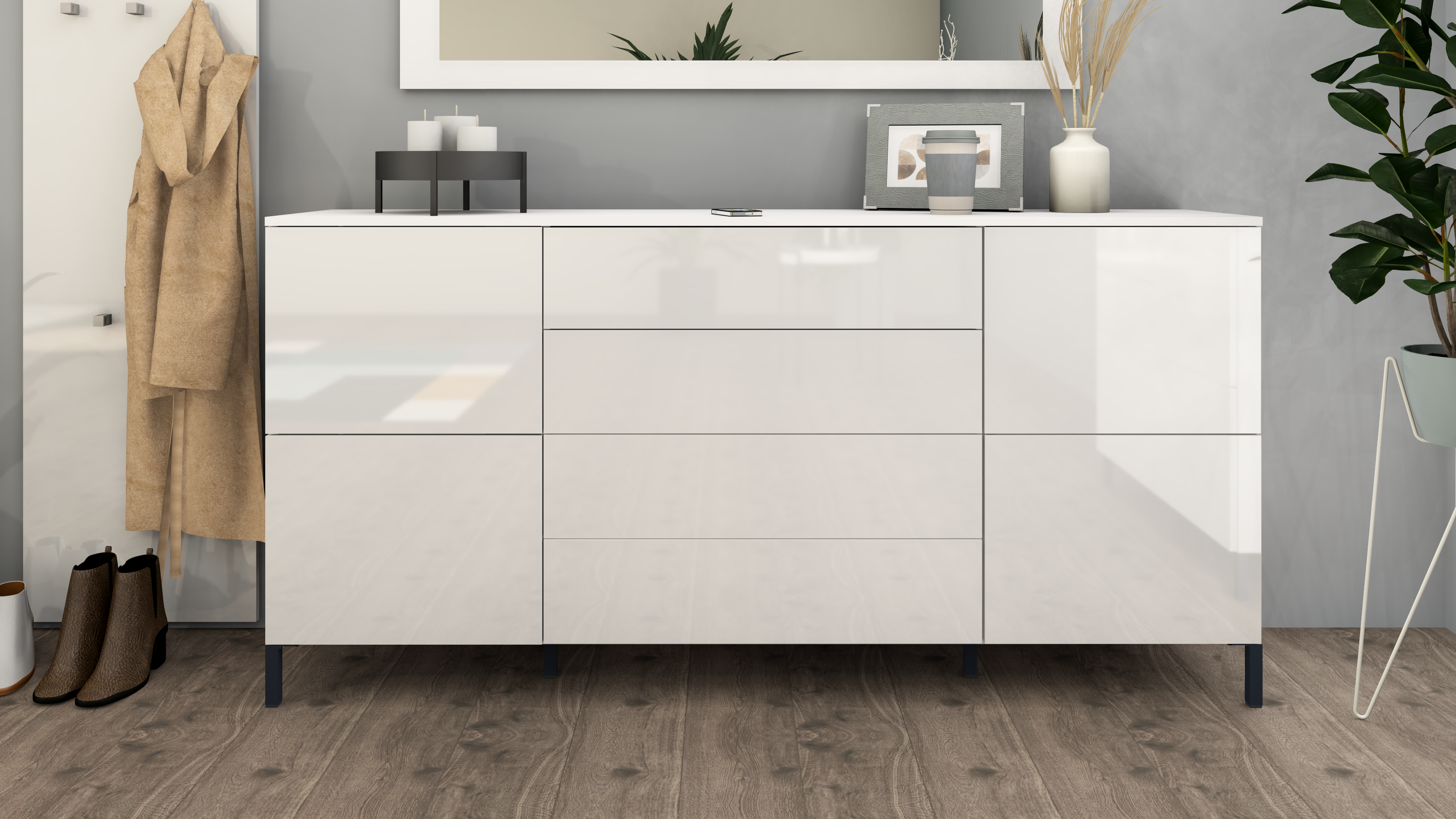 Sideboard Weiß Matt "Haama" 166 cm mit MetallfüßenSideboard Weiß Hochglanz "Haama" 166 cm mit Metallfüßen