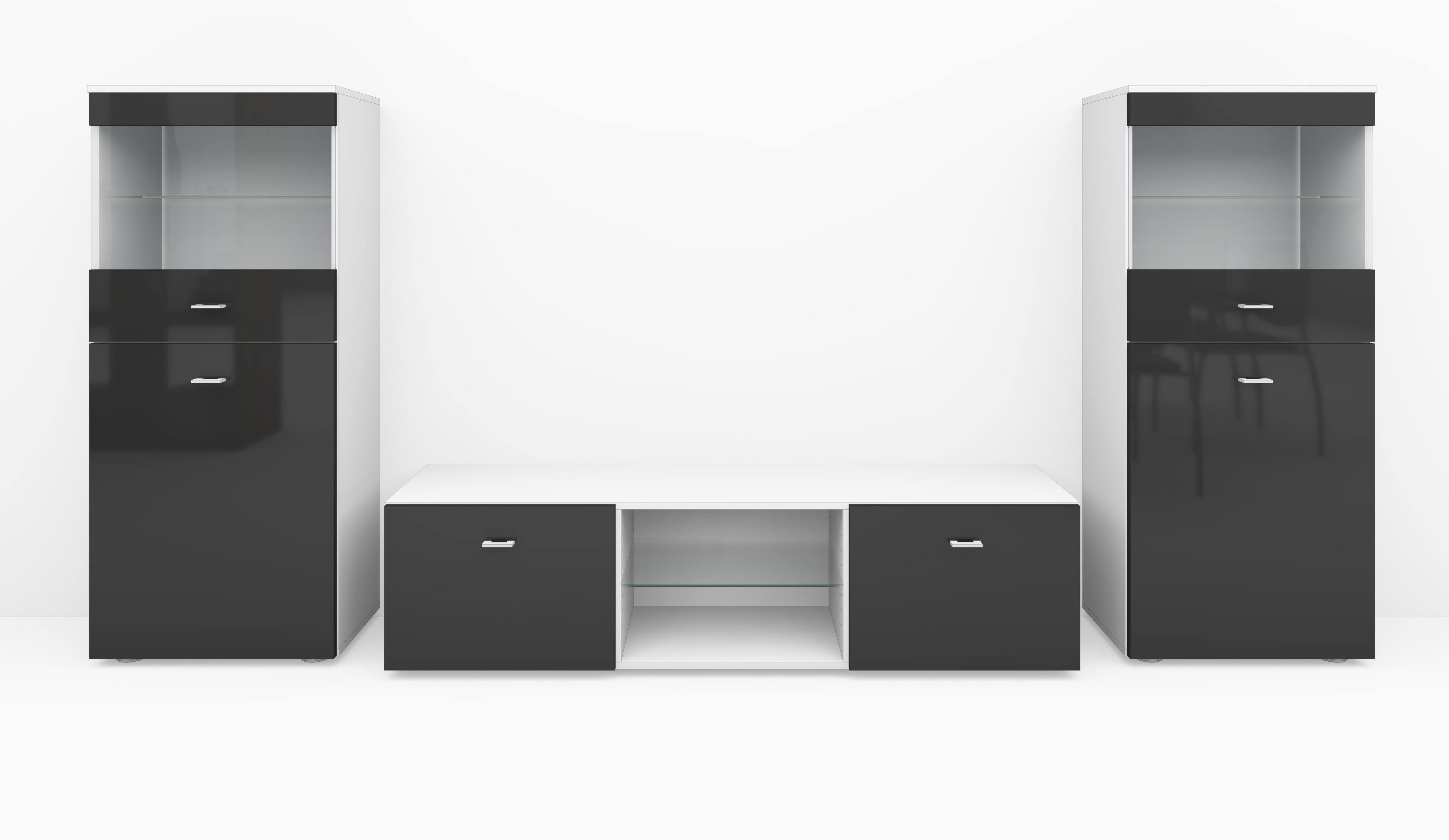 TV-Wand Weiß-Graphit Hochglanz "Scala" mit Lowboard und Vitrinen