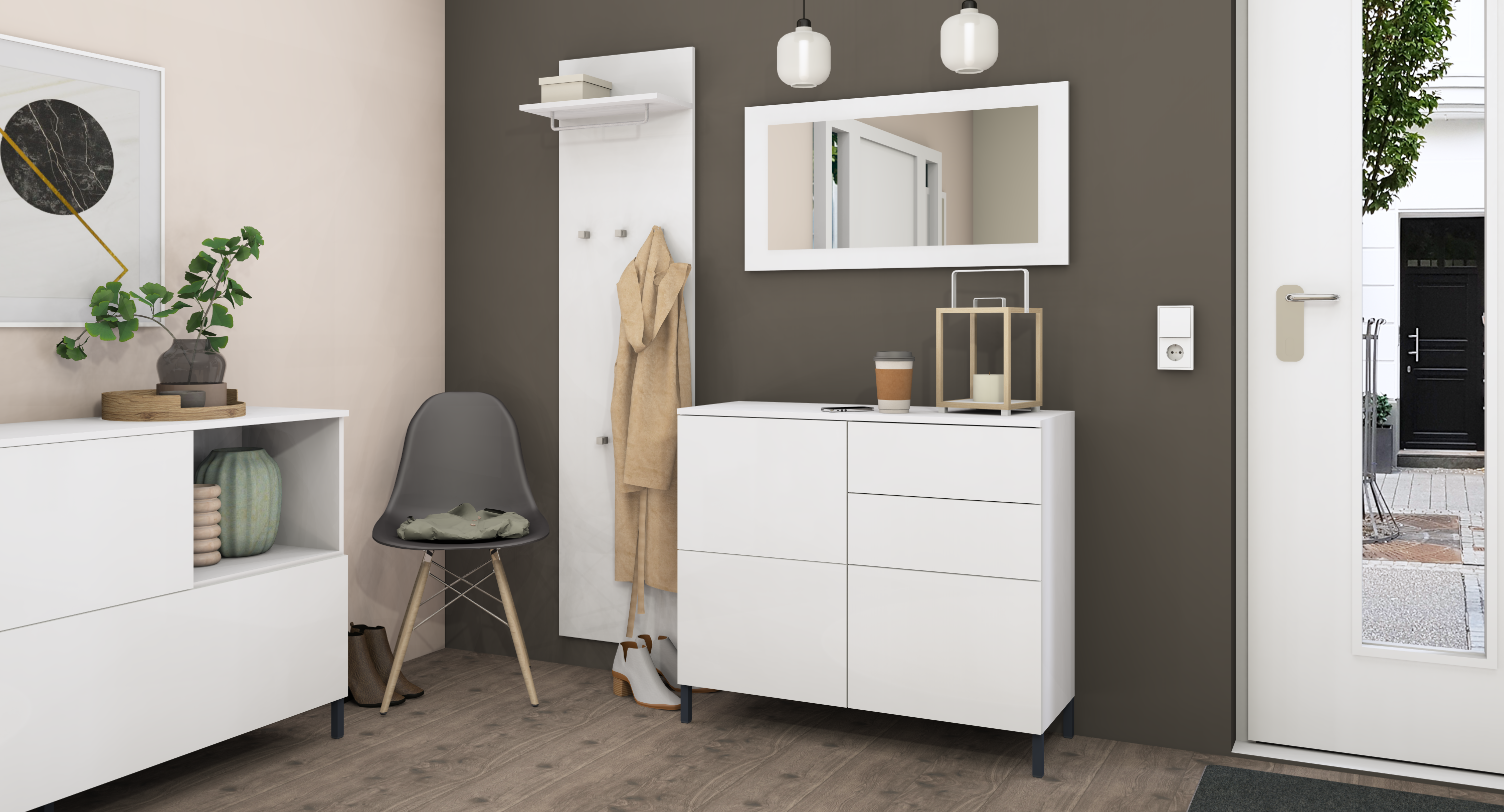 Kommode mit Spiegel und Paneel im Set, Weiß Matt "Haama"