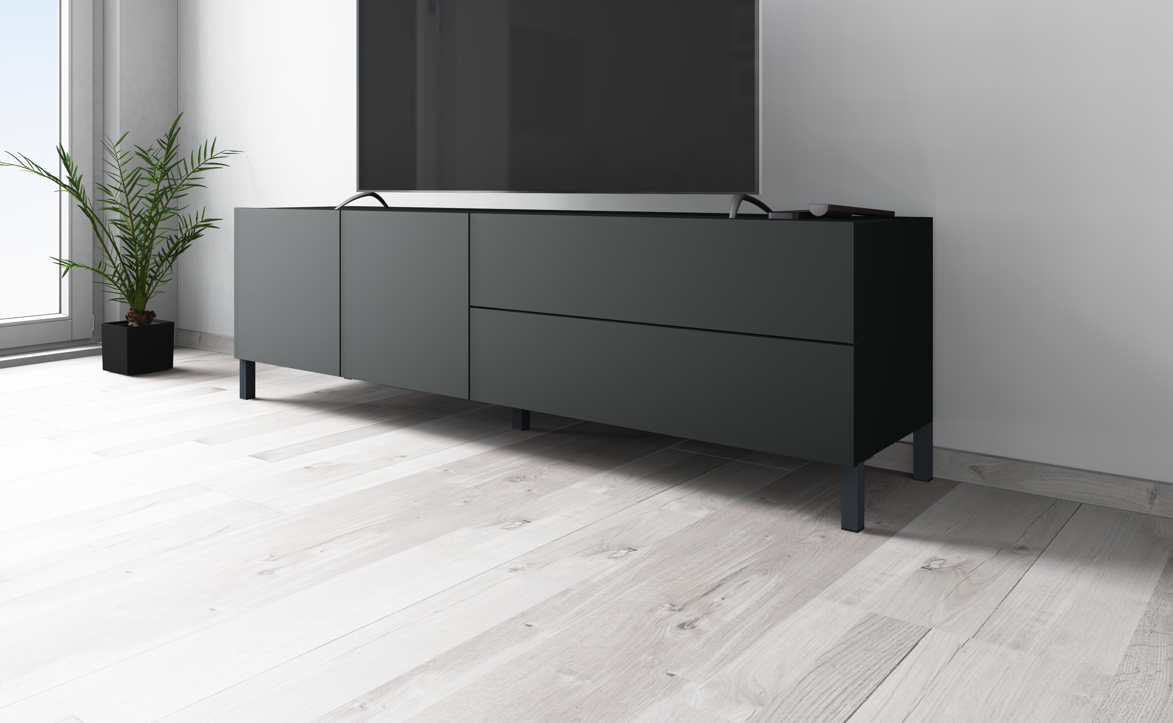 14994309LB-152_2T2SK_schwarz-matt_05 Lowboard SOPHIA 152 cm mit Metallfüßen in Schwarz