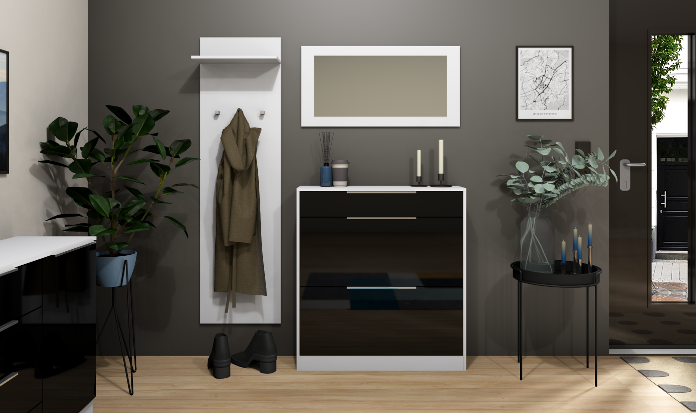 Garderobenset Oliva Basic mit Schuhschrank, Paneel und Spiegel in weiß-schwarz glänzend