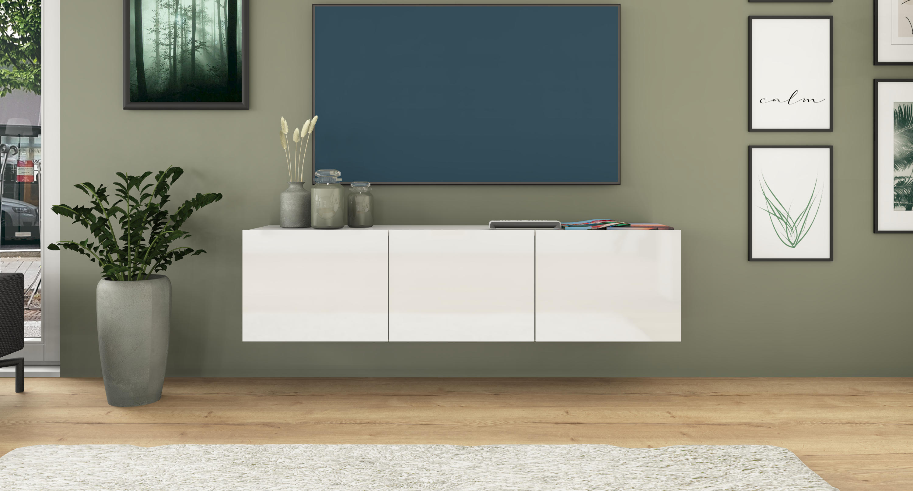 Lowboard Weiß Hochglanz "Sophia" 139 cm, 3-türig