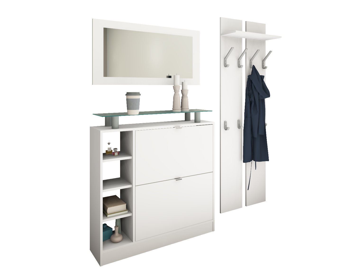 Schuhschrank-Set mit Spiegel und Paneel "Dolly" Weiß Matt