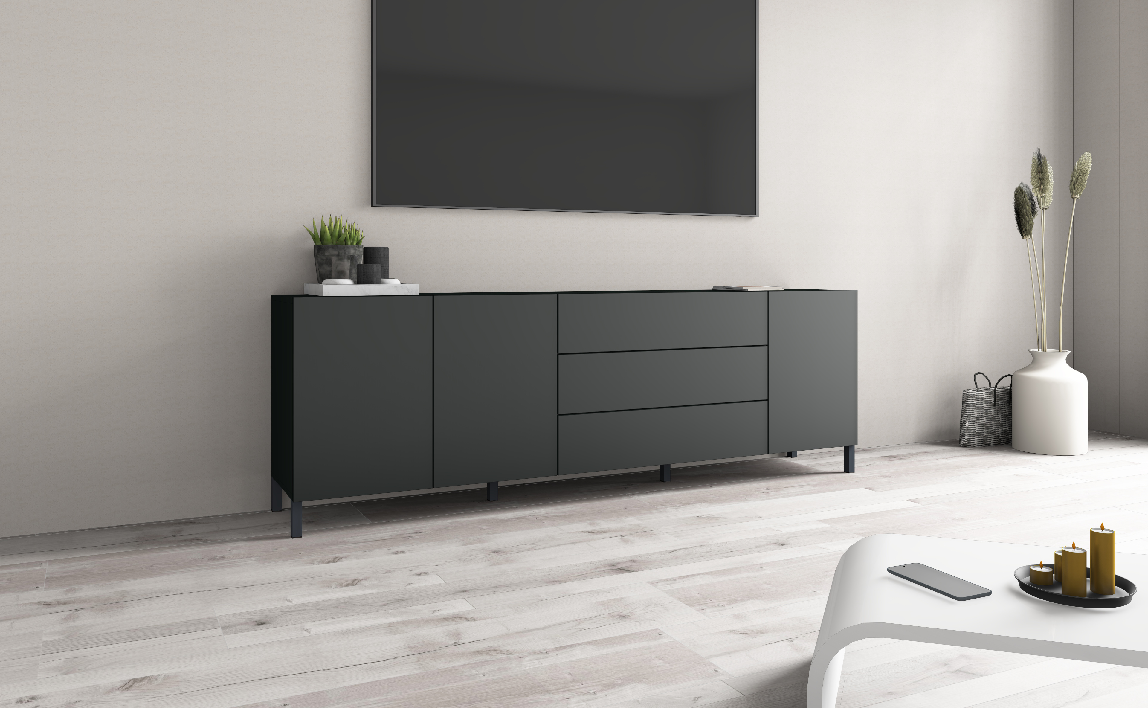 Sideboard Schwarz Matt "Sophia" mit Metallfüßen, 190 cm