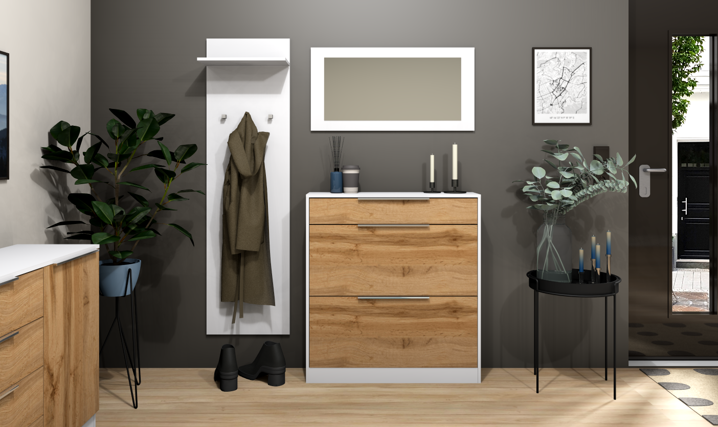 Garderobenset Oliva Basic mit Schuhschrank, Paneel und Spiegel in weiß-eiche wotan