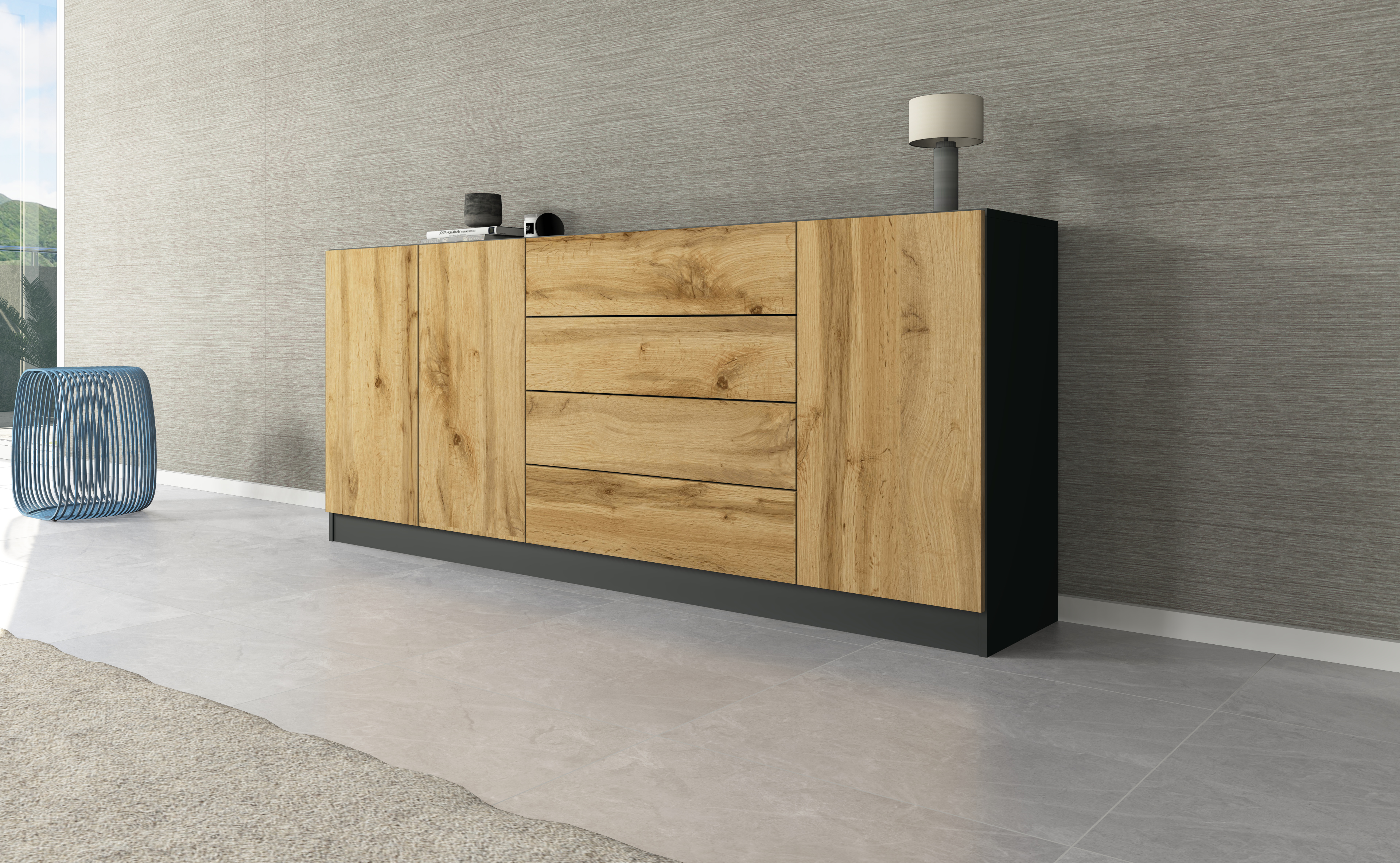 Sideboard VAASA 190 cm in Schwarz - Eiche