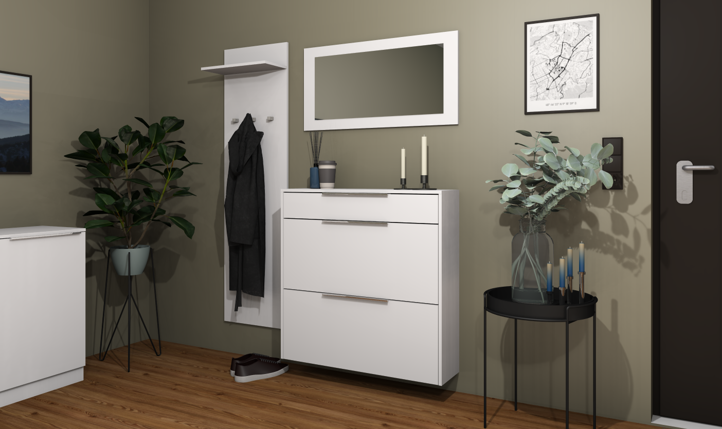 SCU_02-weiss-matt Garderobenset Oliva Basic mit Schuhschrank, Paneel und Spiegel in weiß matt