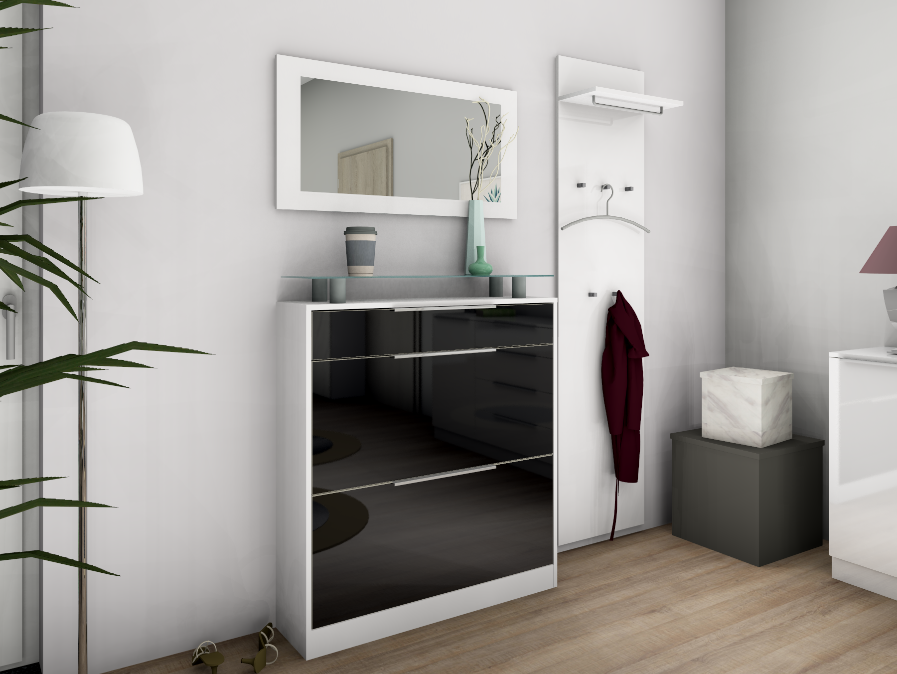 Schuhschrank im Set mit Spiegel und Paneel "Oliva" Weiß-Schwarz Hochglanz