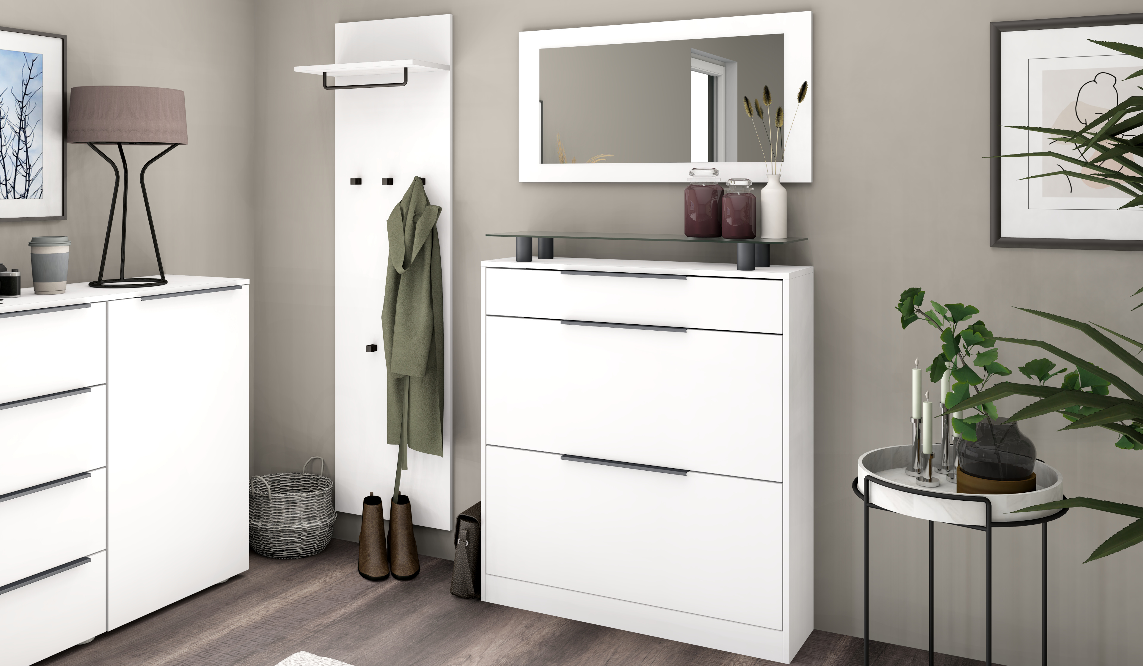 Schuhschrank mit Spiegel und Paneel "Tom" Weiß Matt