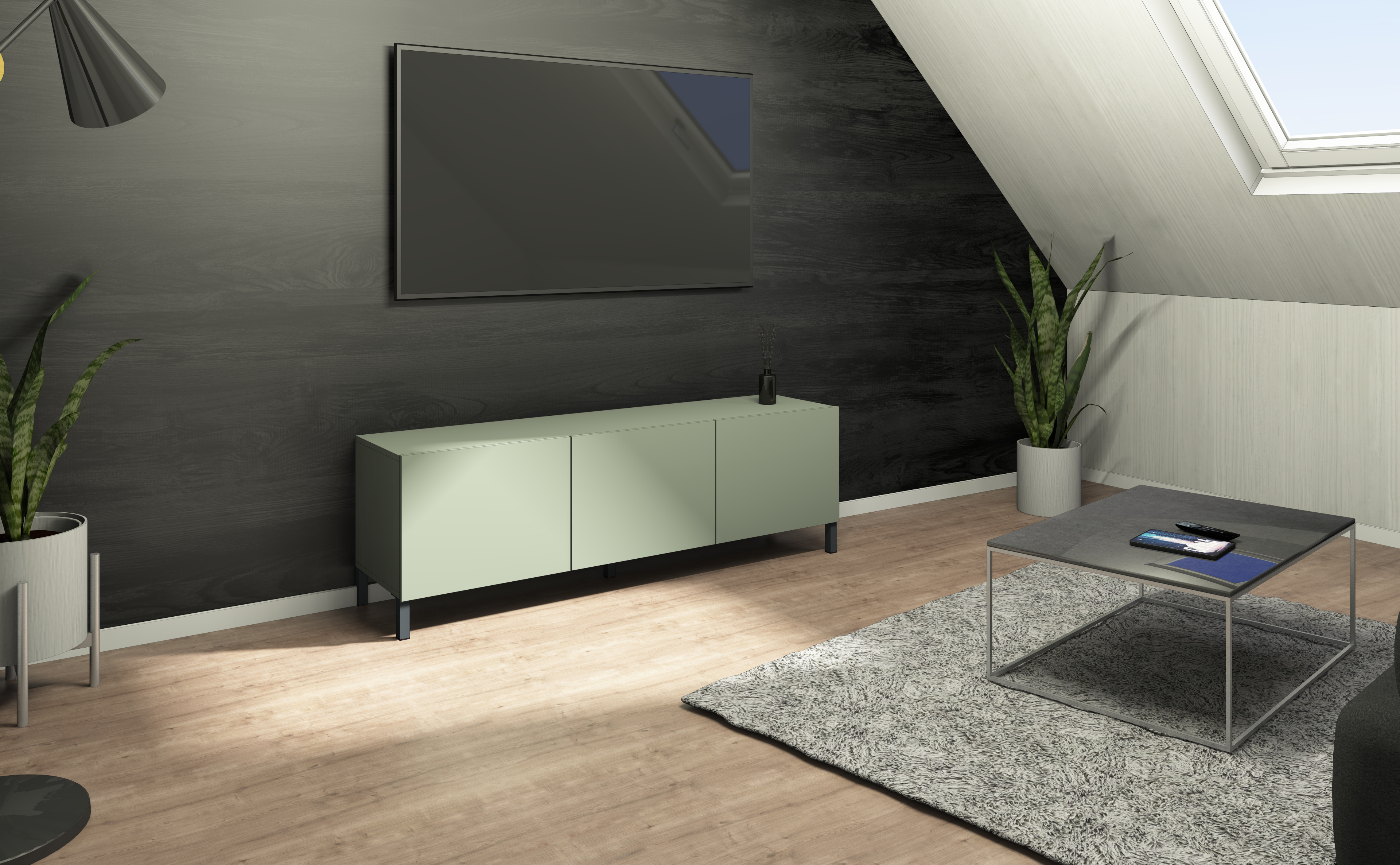 LB139_3T_schilfgr-n_03 Lowboard Pori 139 cm Salbei-Dekor, 3 Türen, Metallfüße