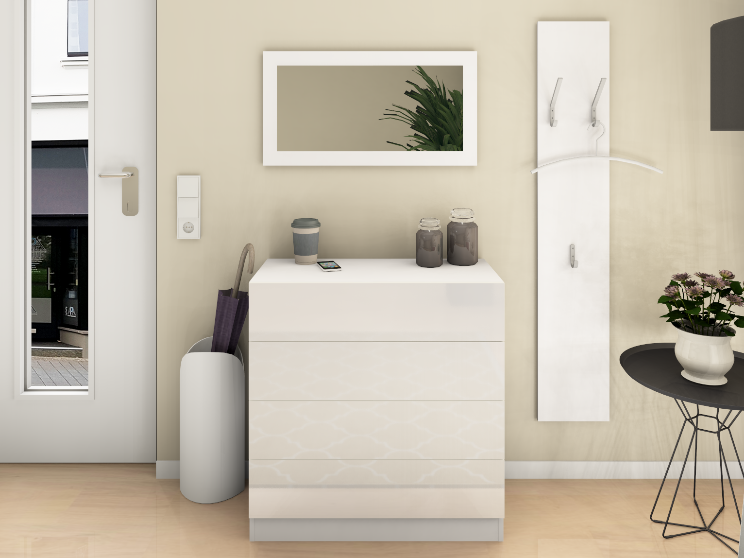 Set-weiss-hg Kommode Weiß Hochglanz im Set "Vaasa" mit Spiegel und Paneel