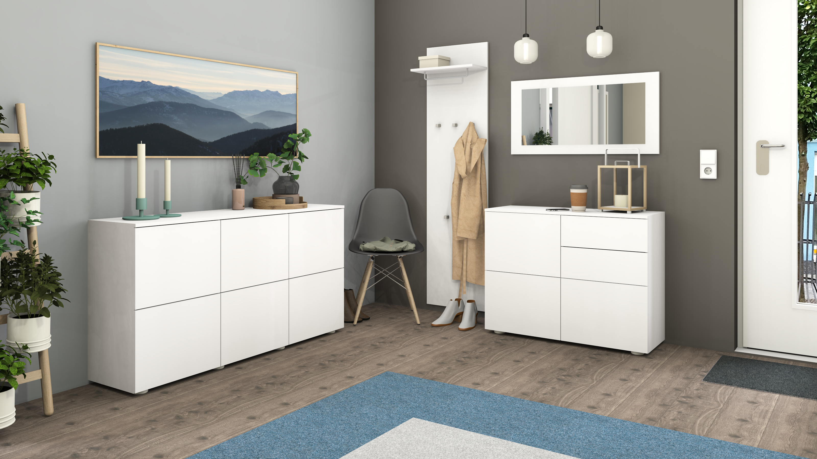 Garderobe Weiß Matt "Rova" mit Sideboard, Kommode, Spiegel, Paneel