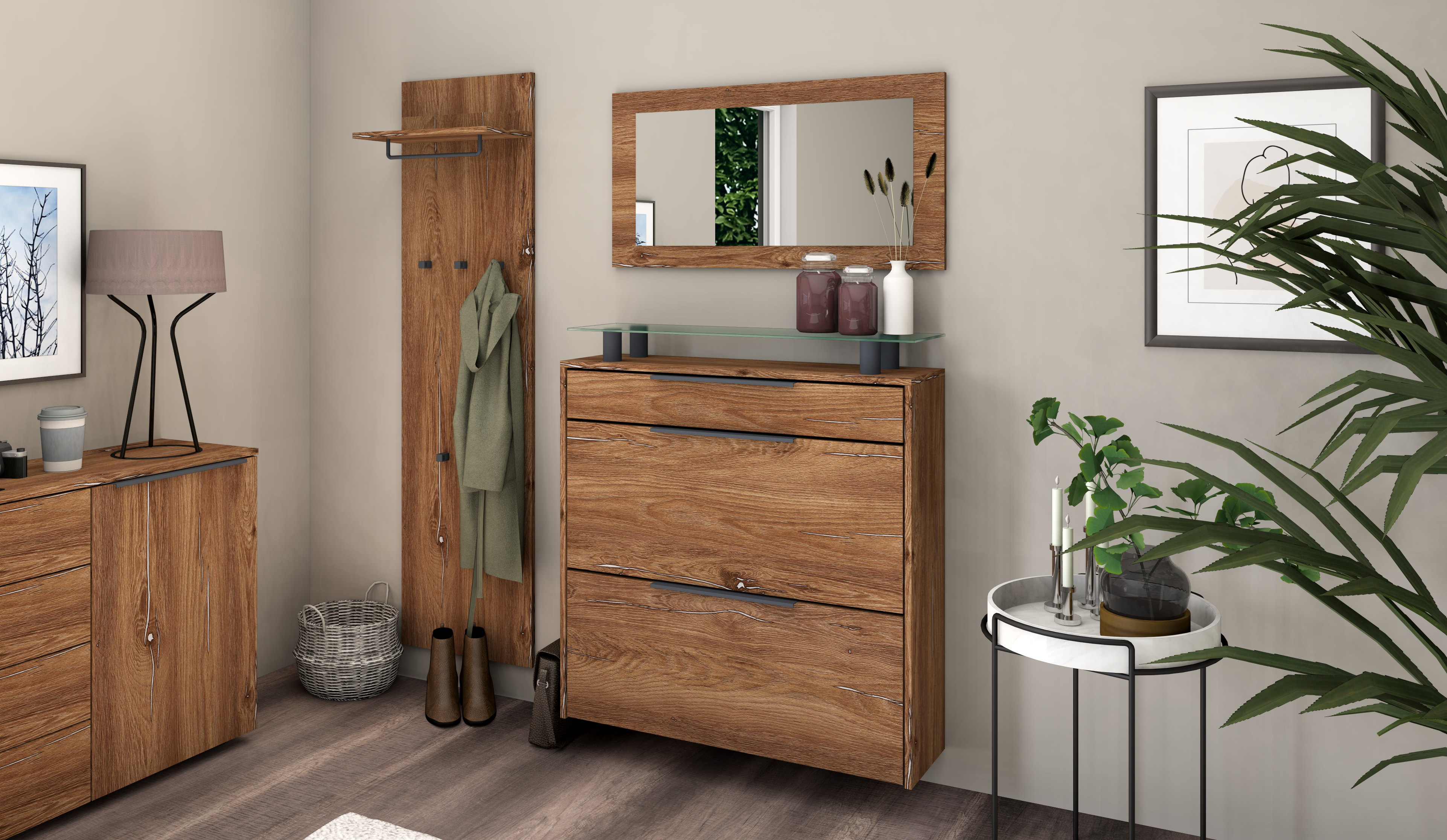 Schuhschrank mit Spiegel und Paneel "Tom" Eiche Vintage 