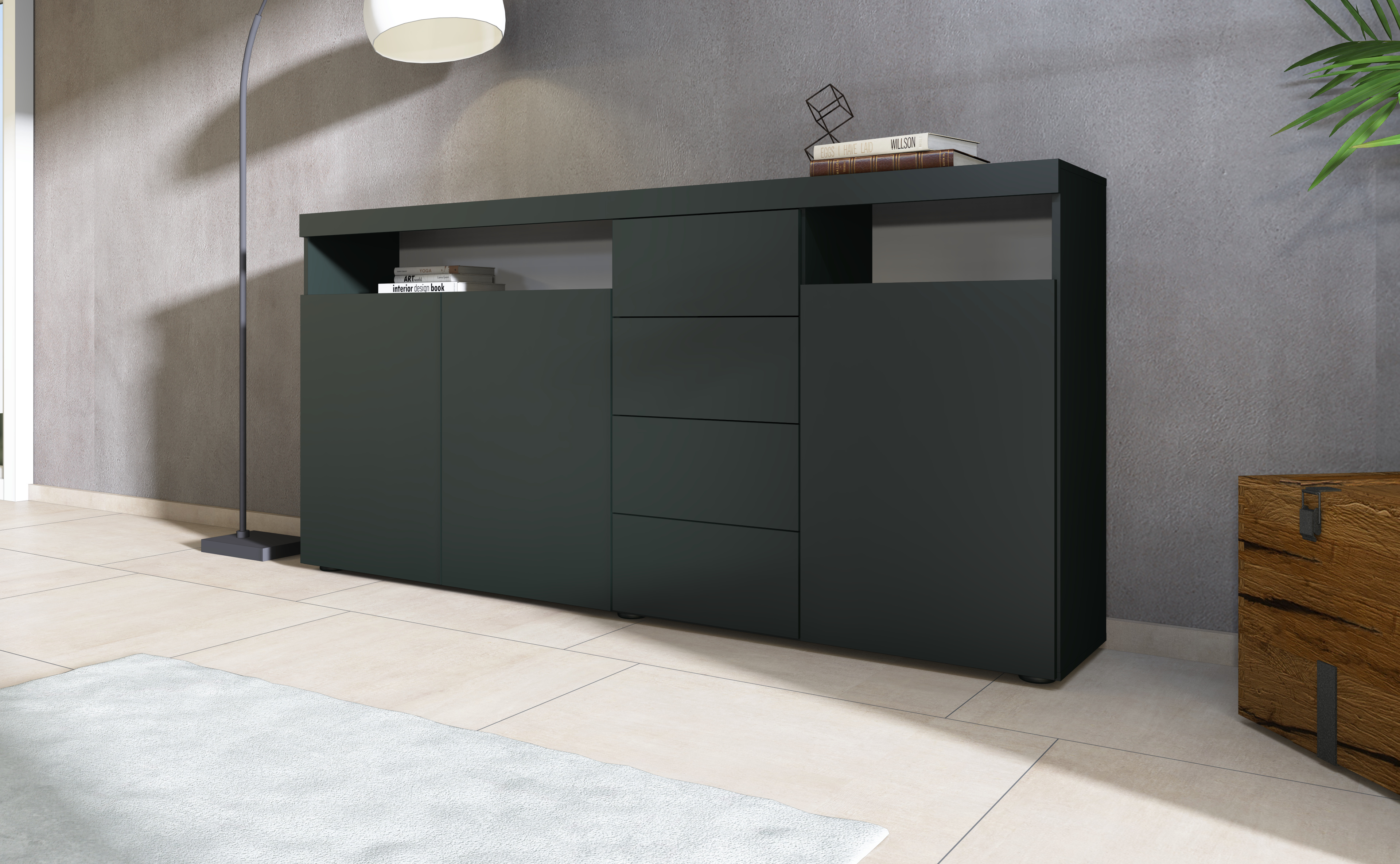 Highboard "Kapstadt" Schwarz matt, Breite 200 cm