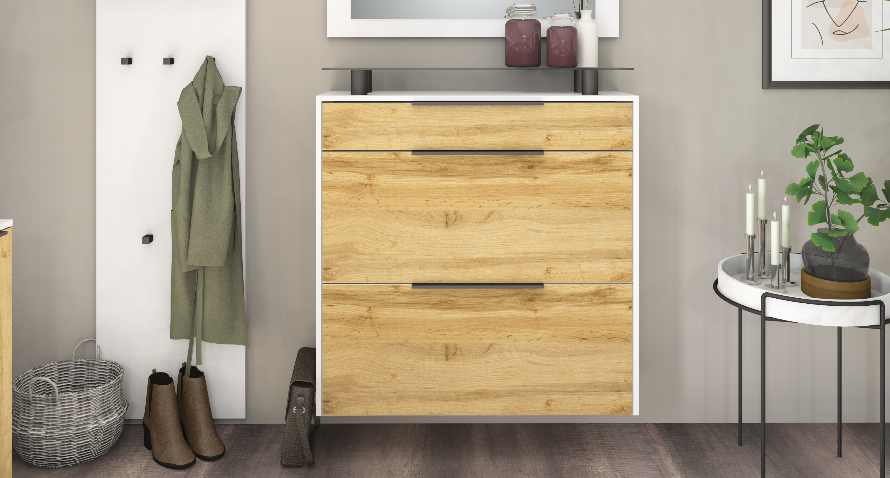 Schuhschrank Weiß - Eiche "Tom"