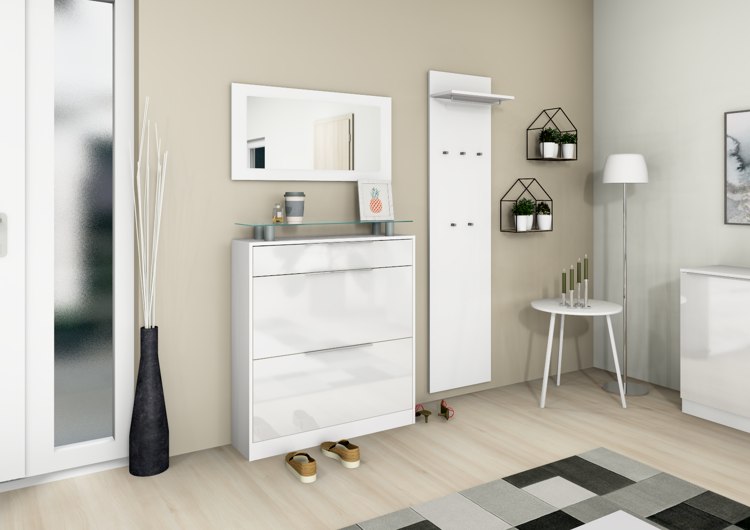 Schuhschrank "Oliva" Weiß Hochglanz im Set mit Spiegel und Paneel