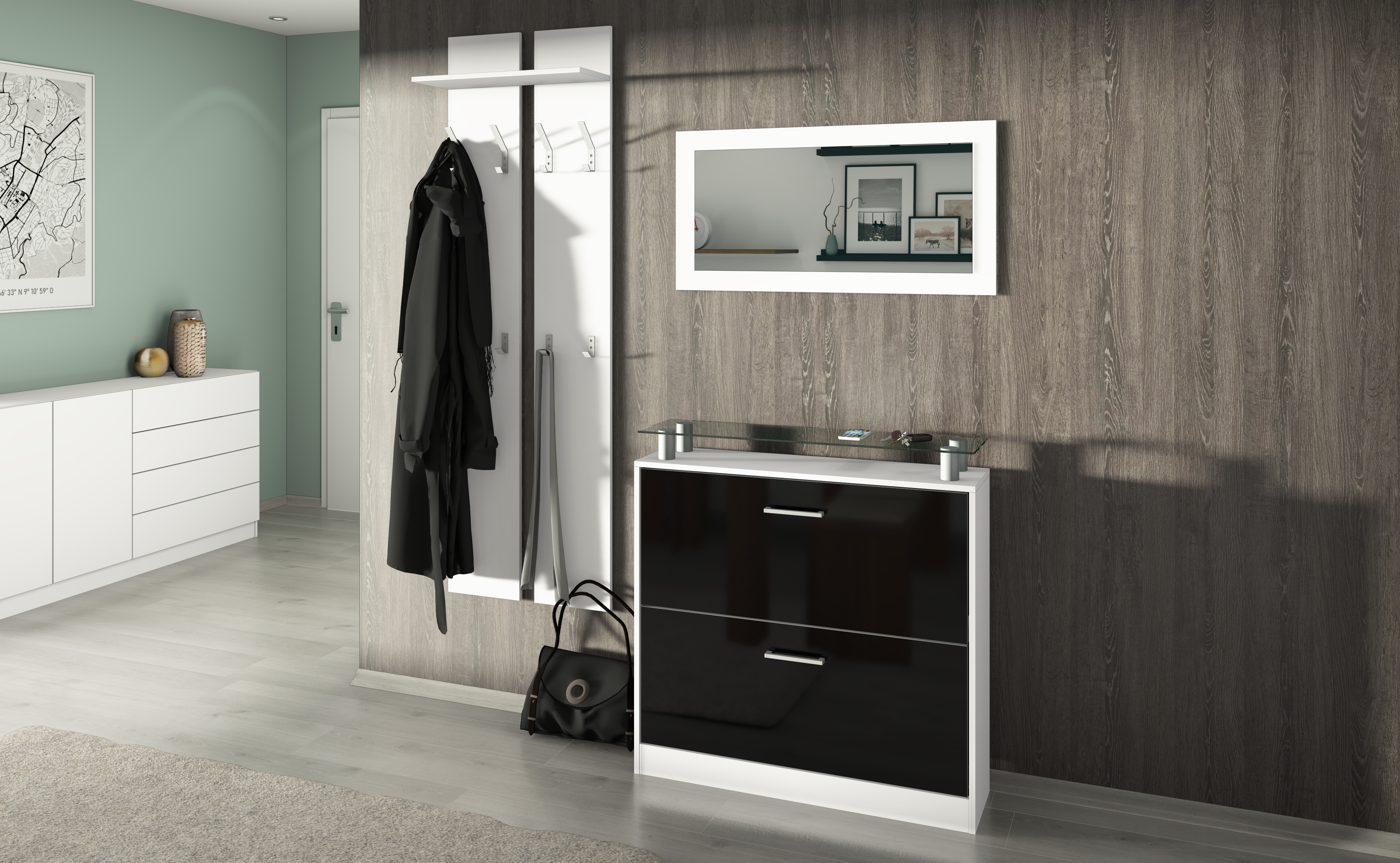 Garderobenset mit Schuhschrank, Paneel, Spiegel in Weiß-Schwarz glänzend