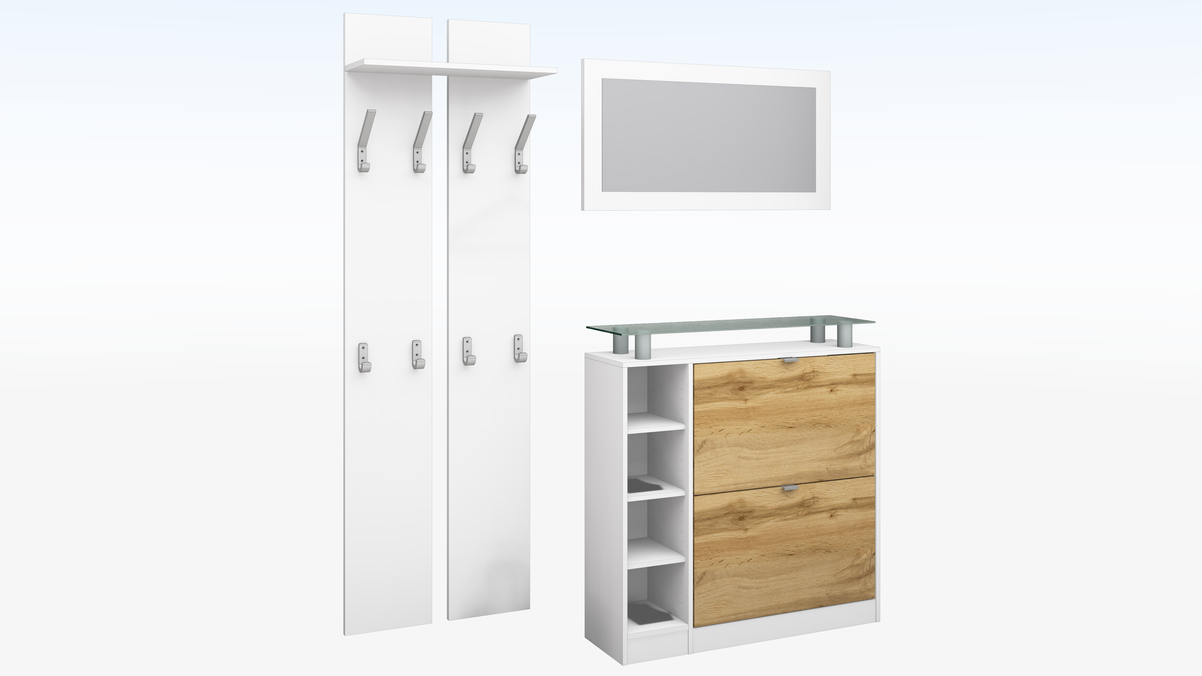 Schuhschrank-Set mit Spiegel und Paneel "Dolly" Weiß - Eiche Wotan