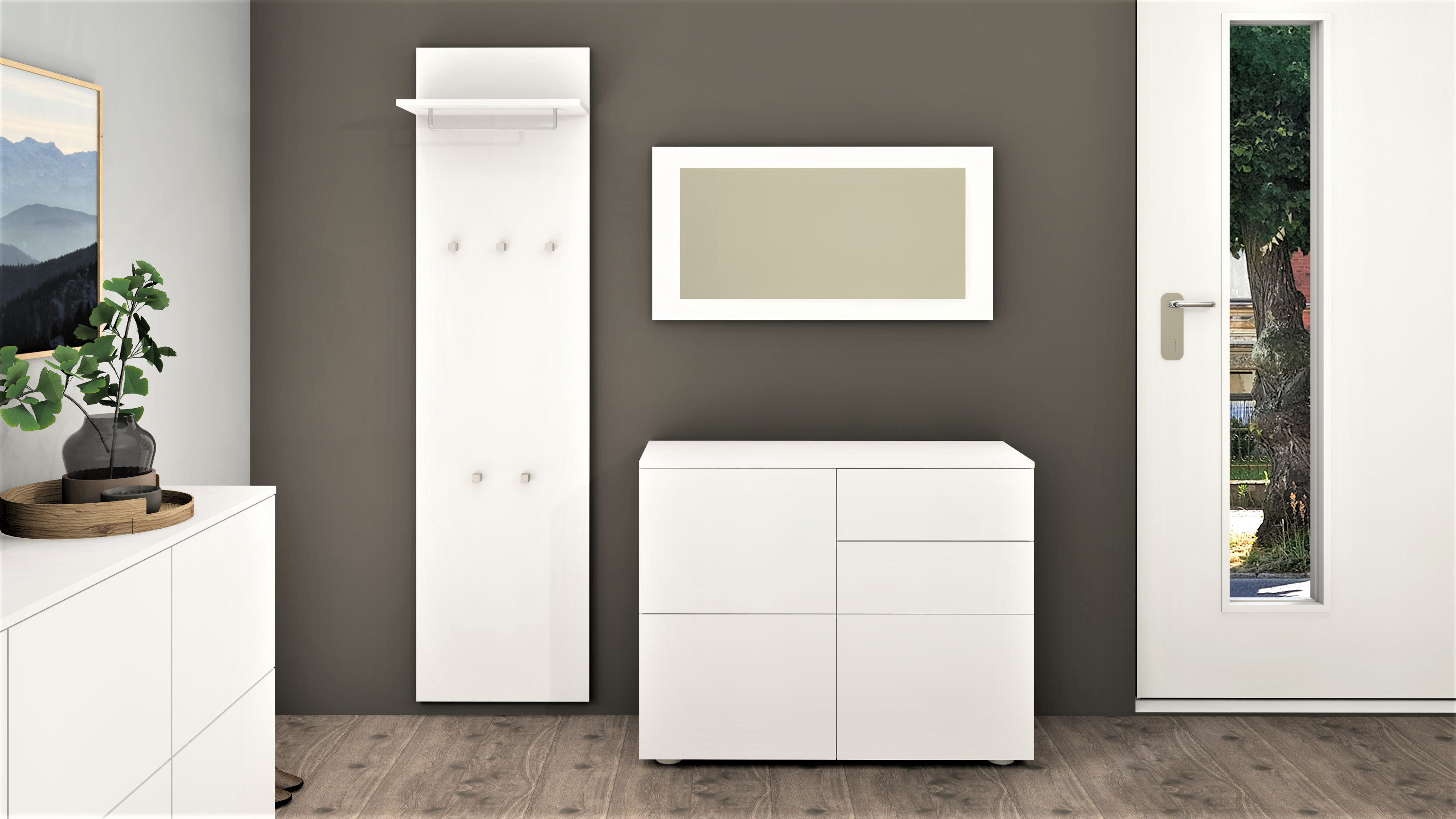Garderobenset Weiß Matt "Rova" 3-teilig mit Kommode, Spiegel, Paneel