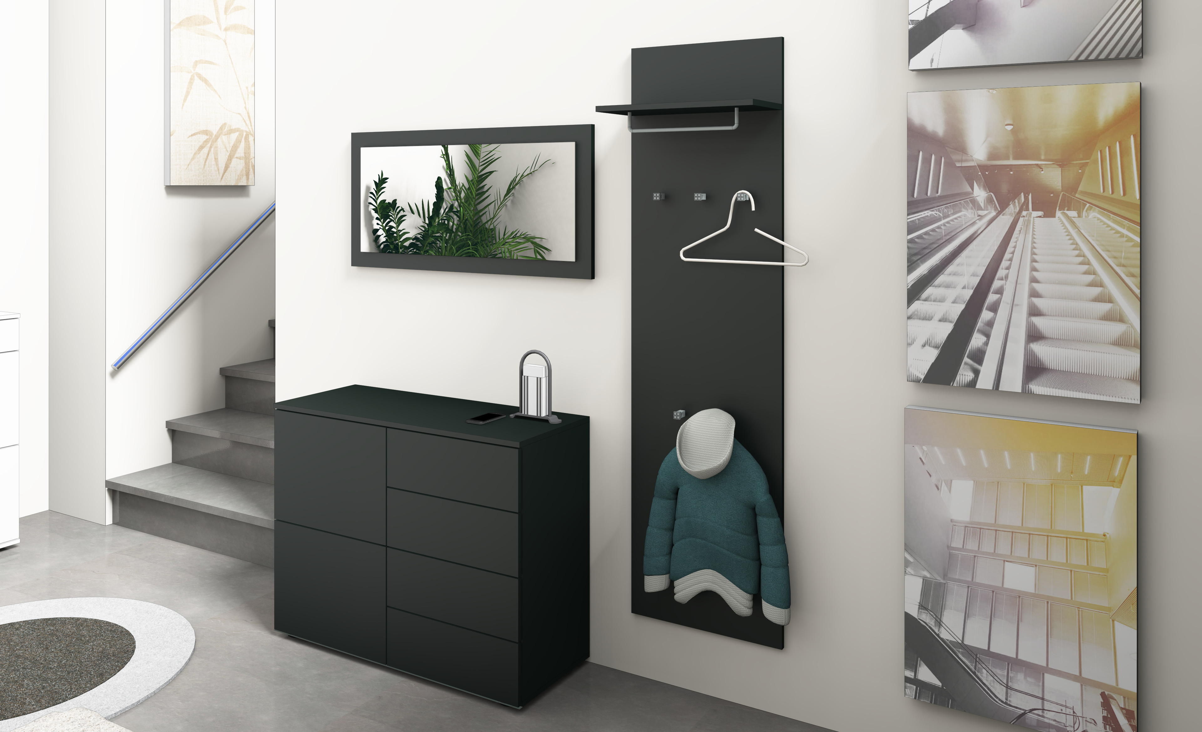 Garderobe "Rova" 3-teilig mit Kommode, Spiegel, Paneel in schwarz matt