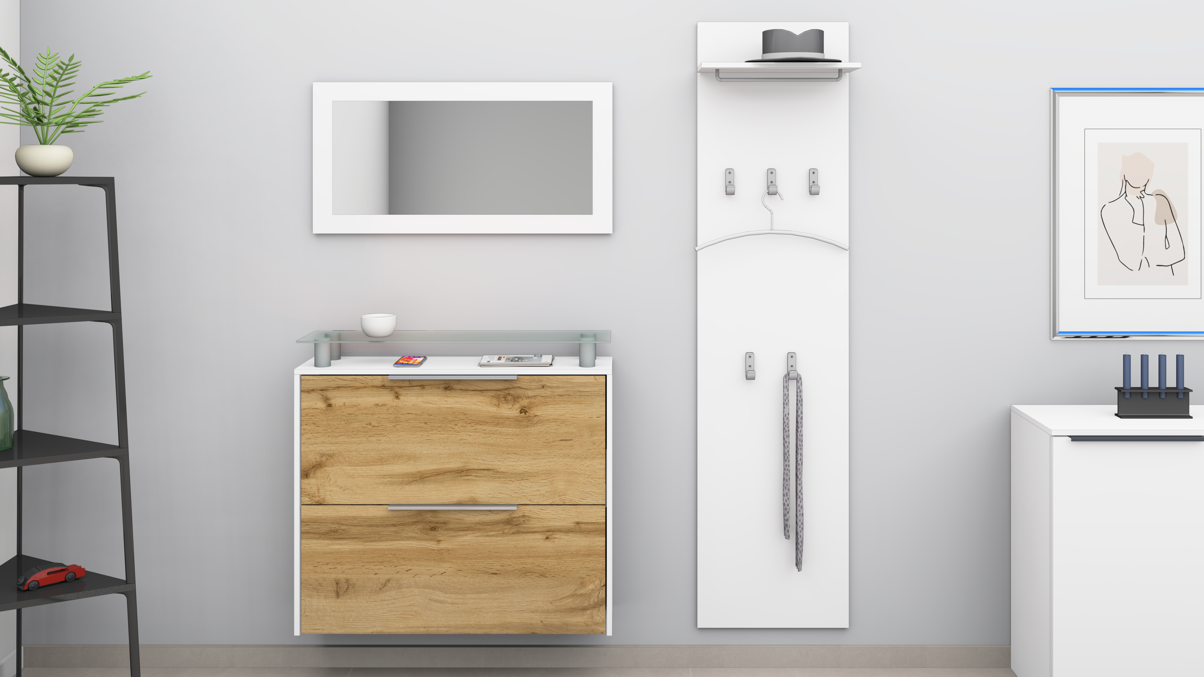 Set aus Schuhschrank, Spiegel, Paneel in Weiß matt - Eiche "Rena"