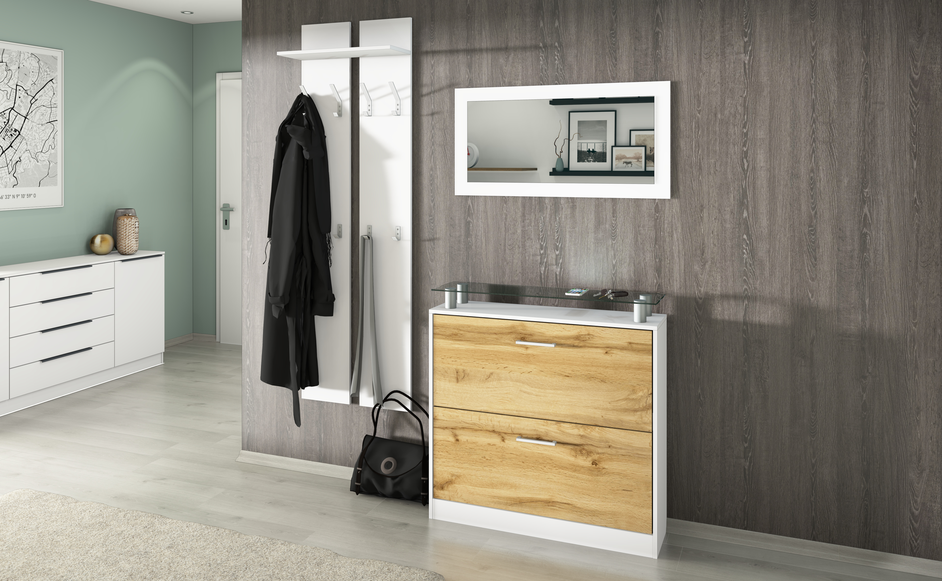 Garderobenset mit Schuhschrank, Paneel, Spiegel in Weiß-Eiche