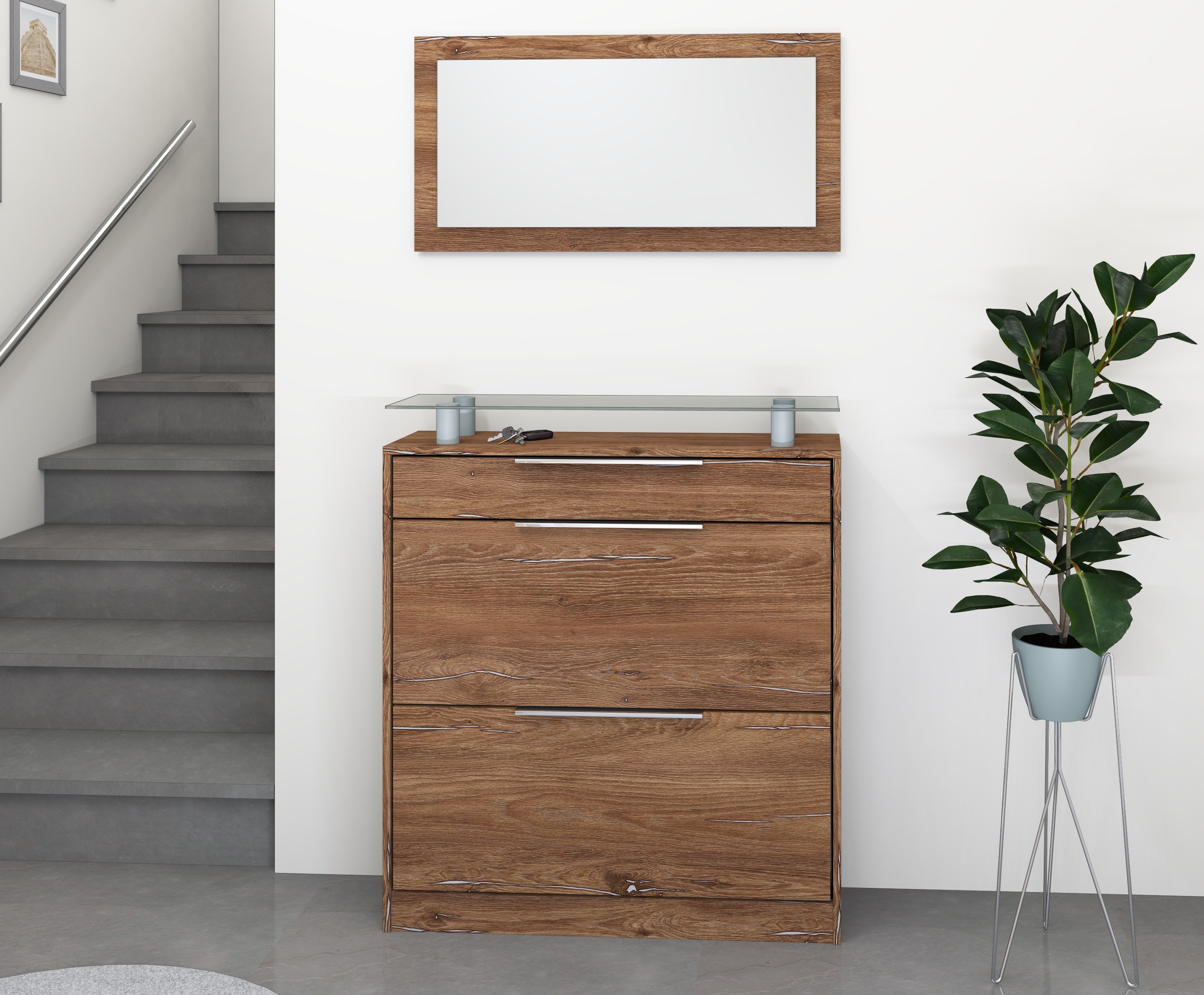 46157441_G-Set-_stehend_vintage-eiche_07 Garderobenset "Oliva" 3-teilig mit Schuhschrank in eiche-vintage