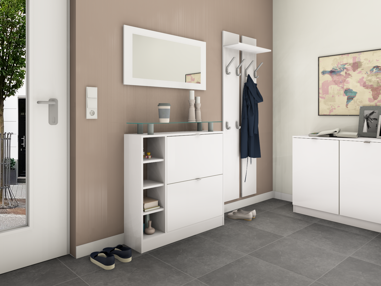 Garderobenset "Dolly" Weiß MattSchuhschrank-Set mit Spiegel und Paneel "Dolly" Weiß Matt
