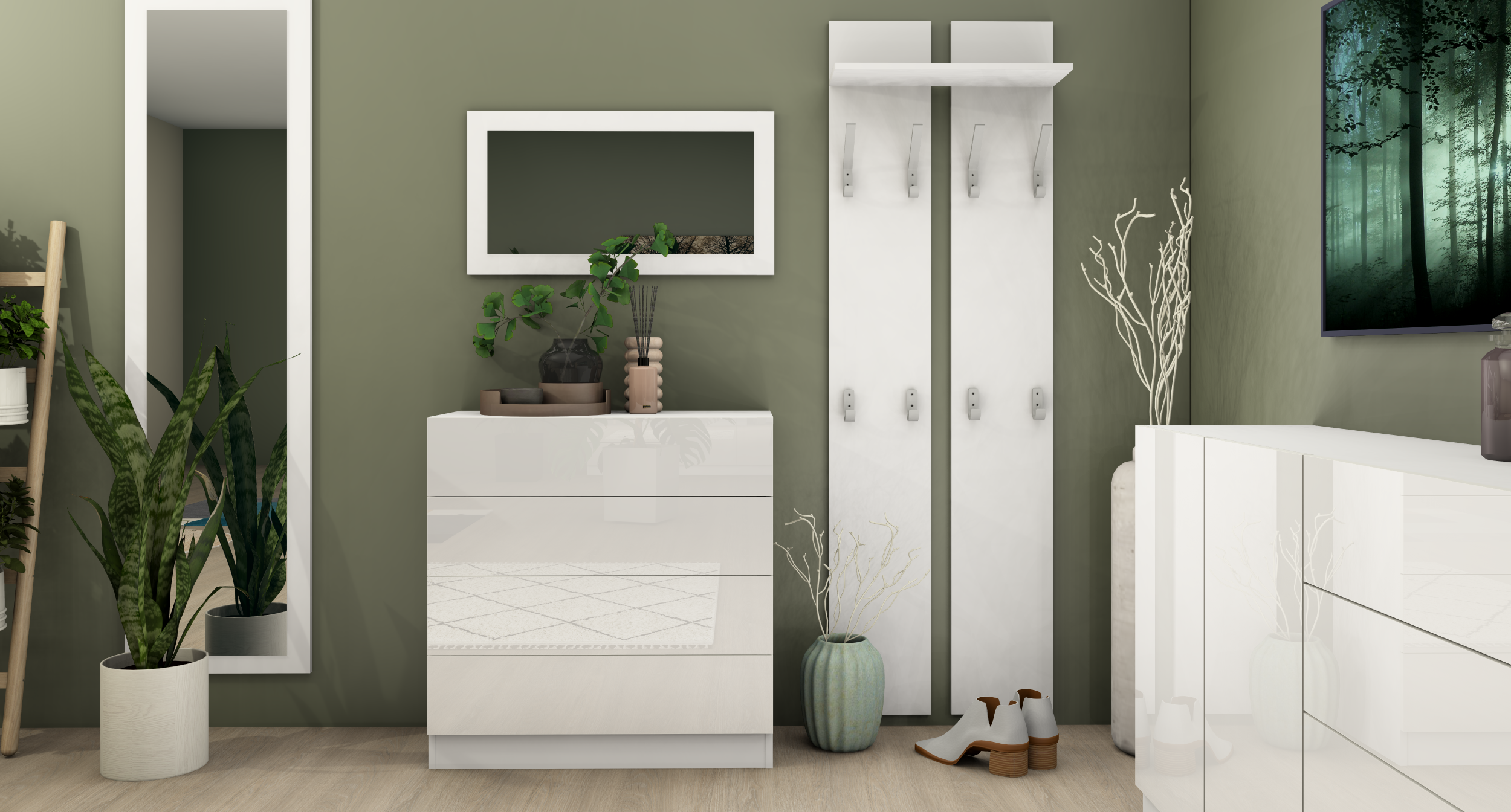 Garderobe-Vaasa-Set-3-weiss-HG_01 Kommode Weiß Hochglanz "Vaasa" im Set mit Spiegel und Paneel