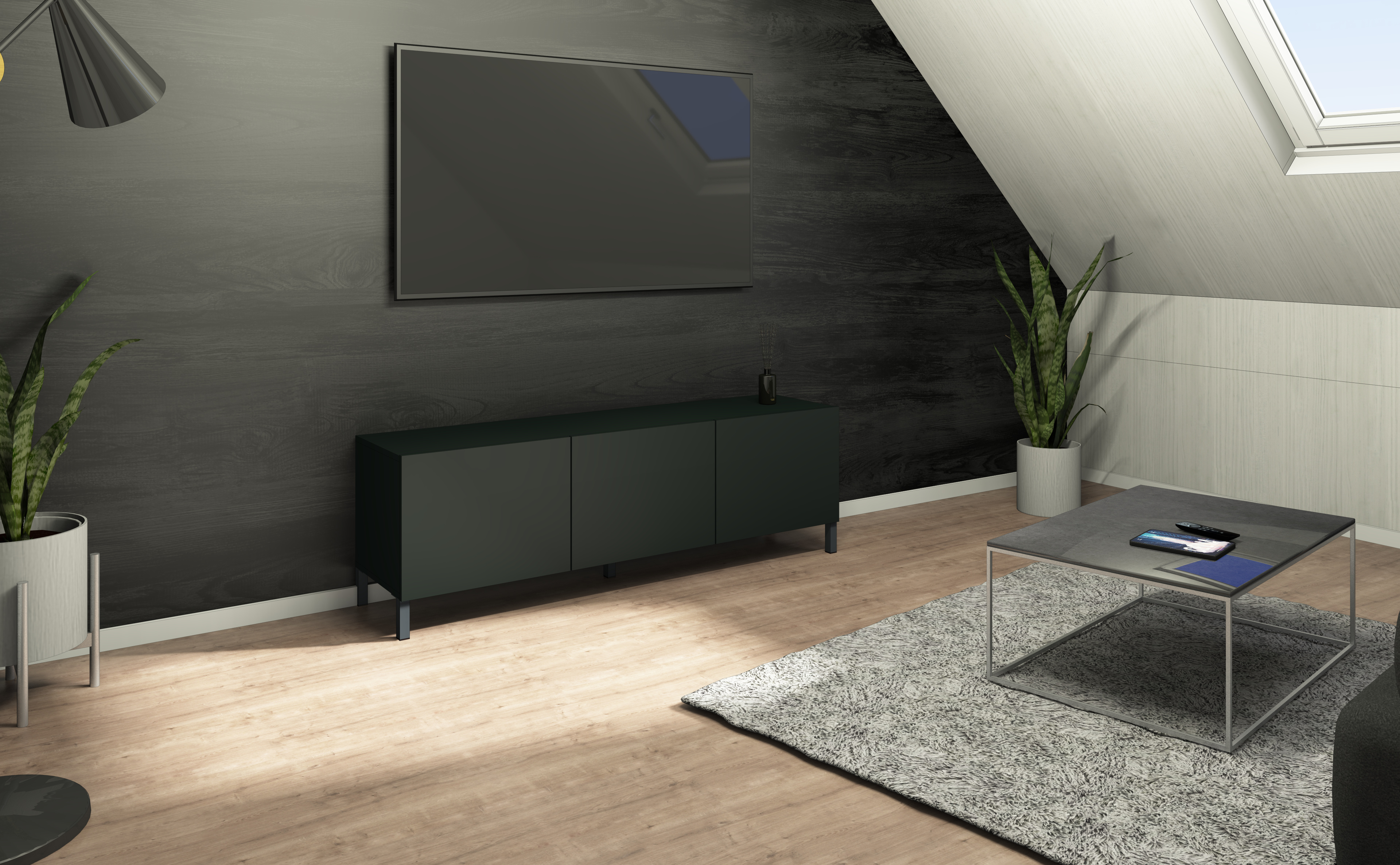 LB139_3T_scwhwarz-matt_004 Lowboard Pori 139 cm mit Metallfüßen in schwarz matt