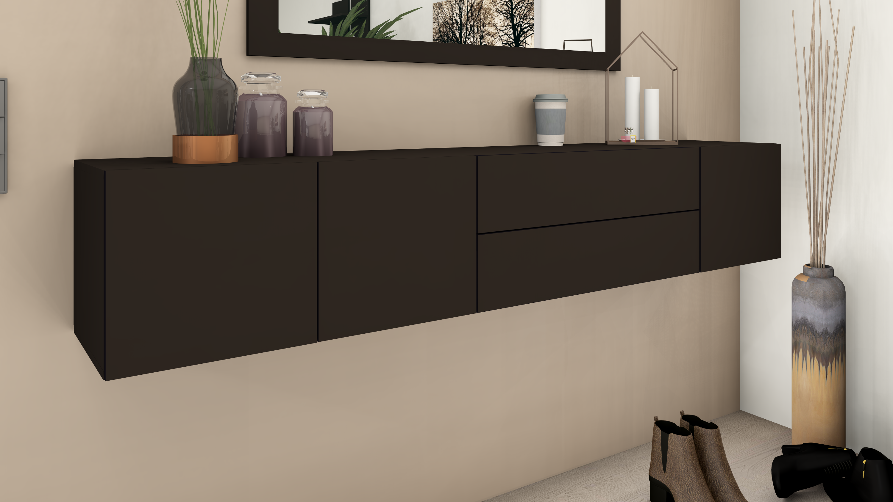 Lowboard Schwarz Matt Sophia 190 cm Hängeschrank