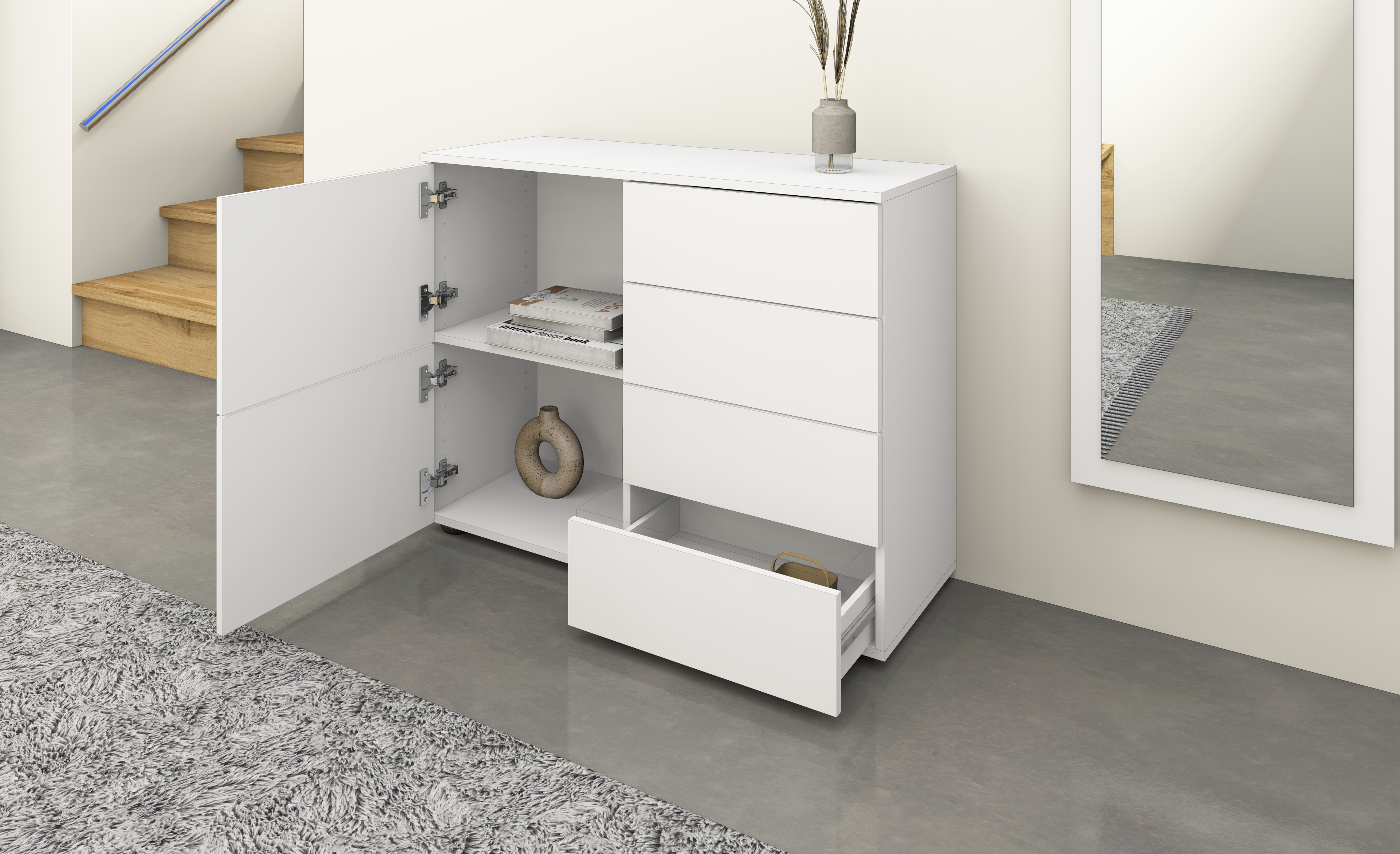 36844519_KOM_2T-4SK_weiss-matt_04 Kommode Weiß Matt "Rova" 2-türig 4 Schubkästen