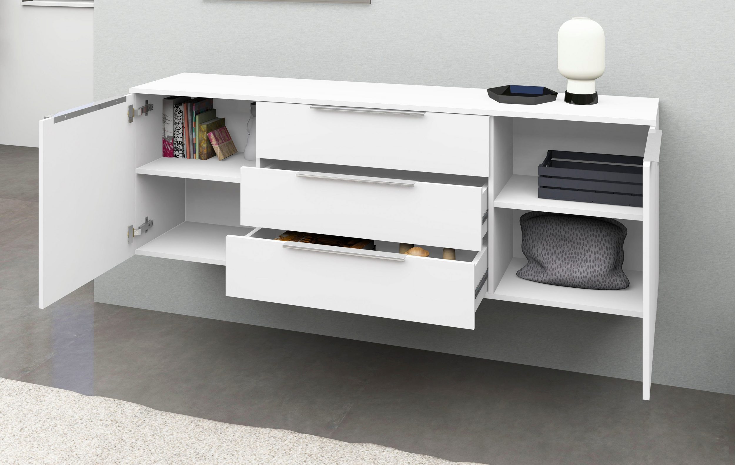 Oliva-LB-166-weiss-matt-4 Lowboard Weiß "Oliva" 166 cm, geöffnete Ansicht