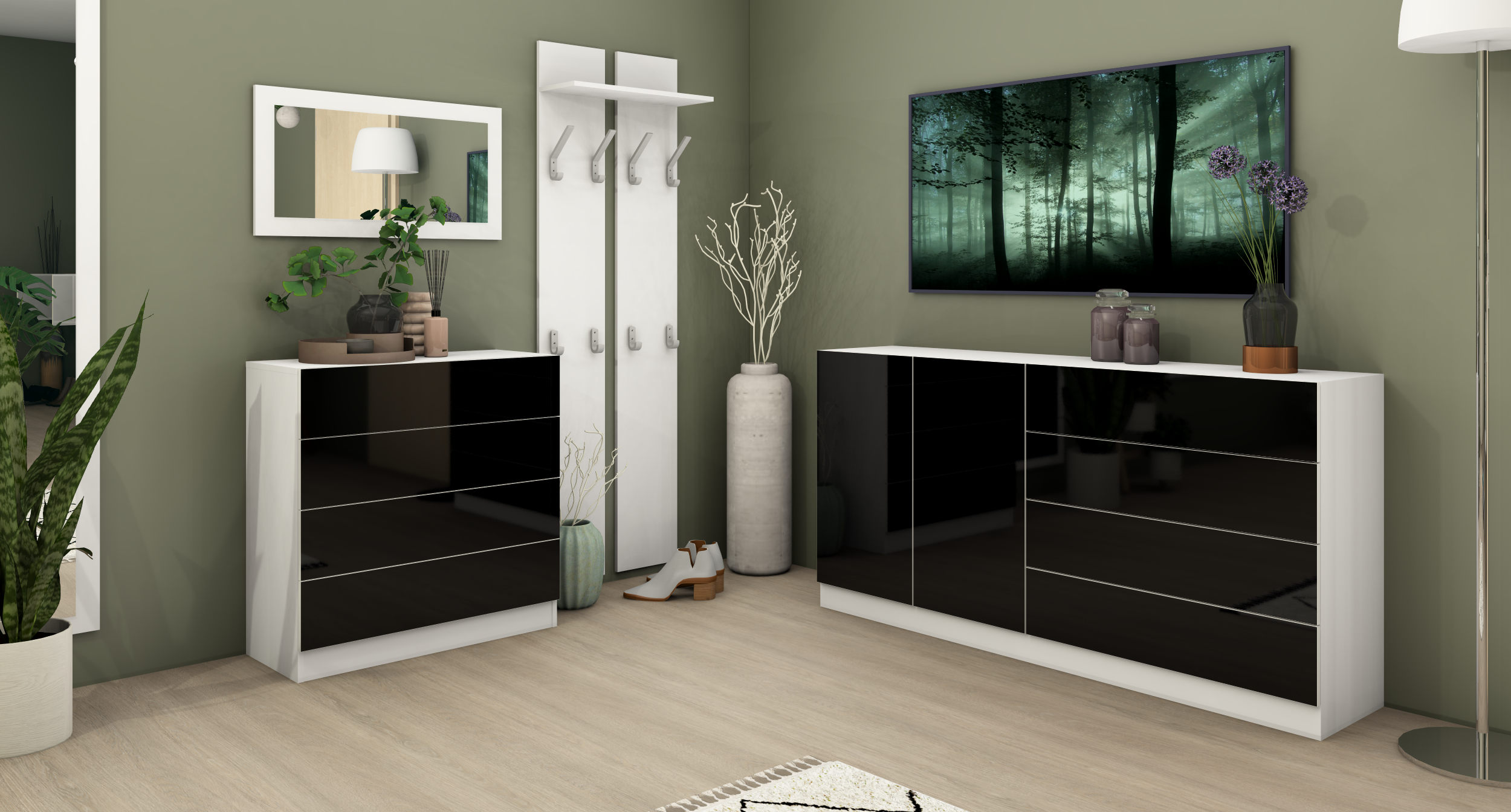 Sideboard und Kommode Weiß Matt - Schwarz Hochglanz "Vaasa"