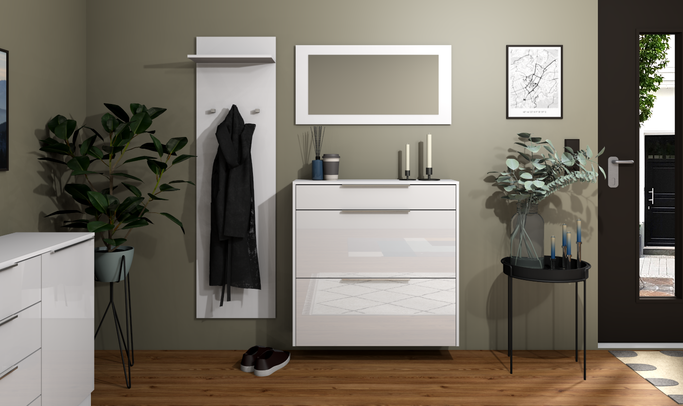 Garderobenset Oliva Basic mit Schuhschrank, Paneel und Spiegel in weiß glänzend