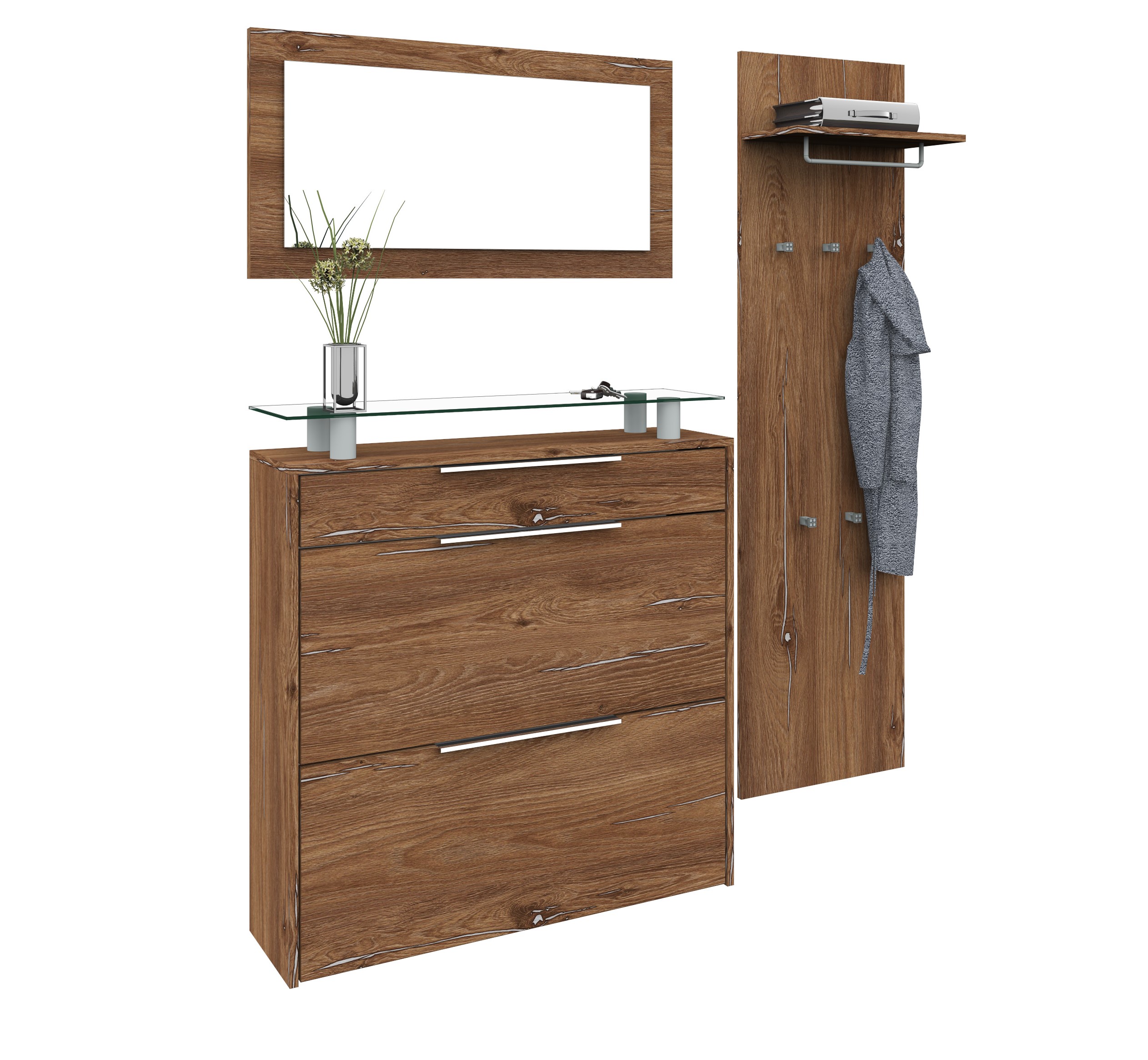 Garderobenset OLIVA mit Schuhschrank, Spiegel, Paneel in Eiche Vintage