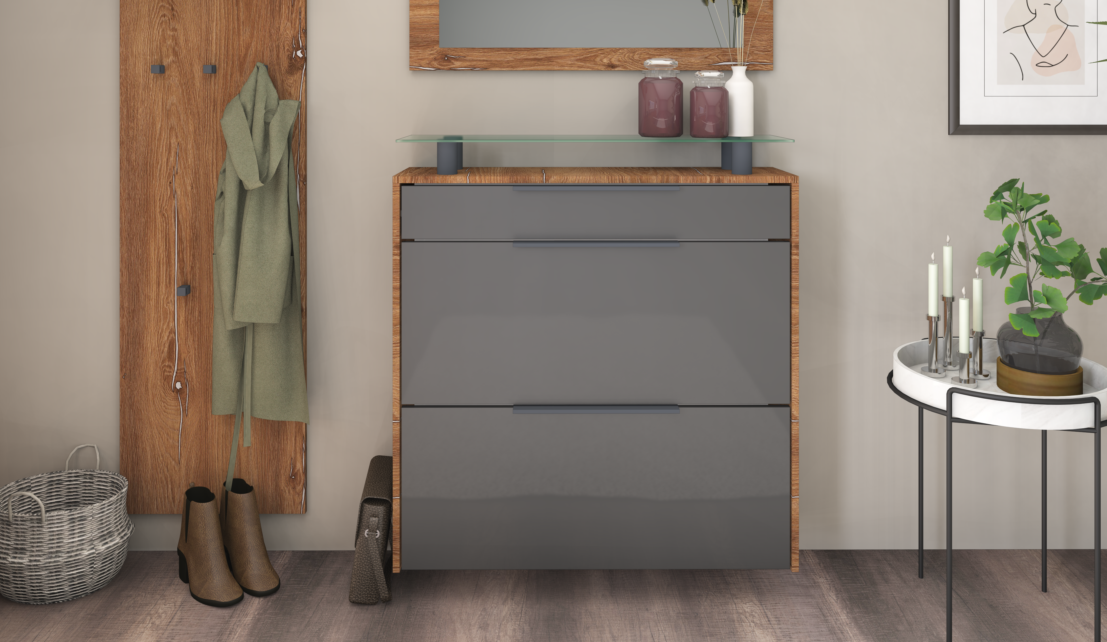 Schuhschrank Tom weiß Schuhkipper mit Glasablage und Metallgriffen