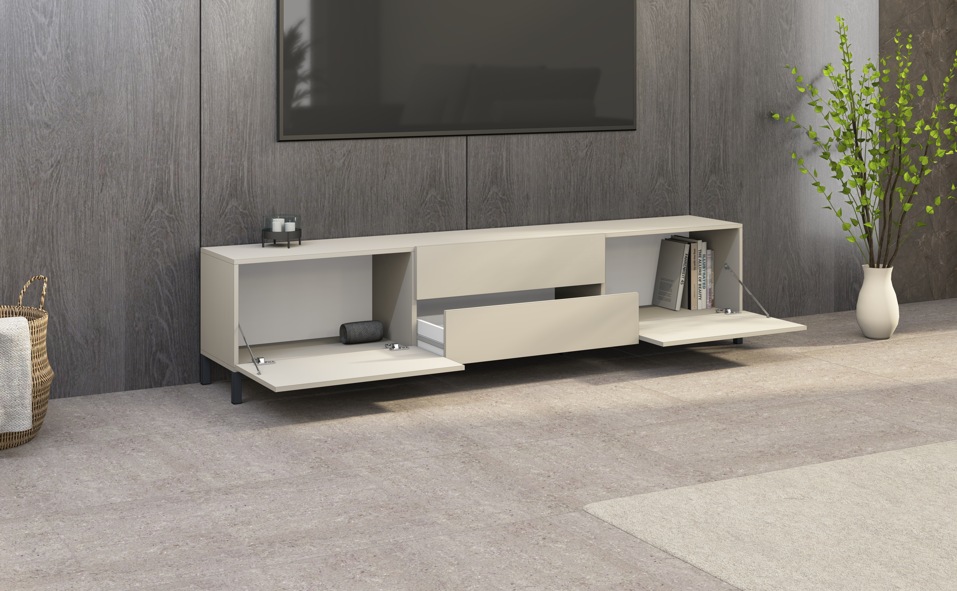 "Pori" Lowboard 200 cm mit Metallfüßen in Kaschmir