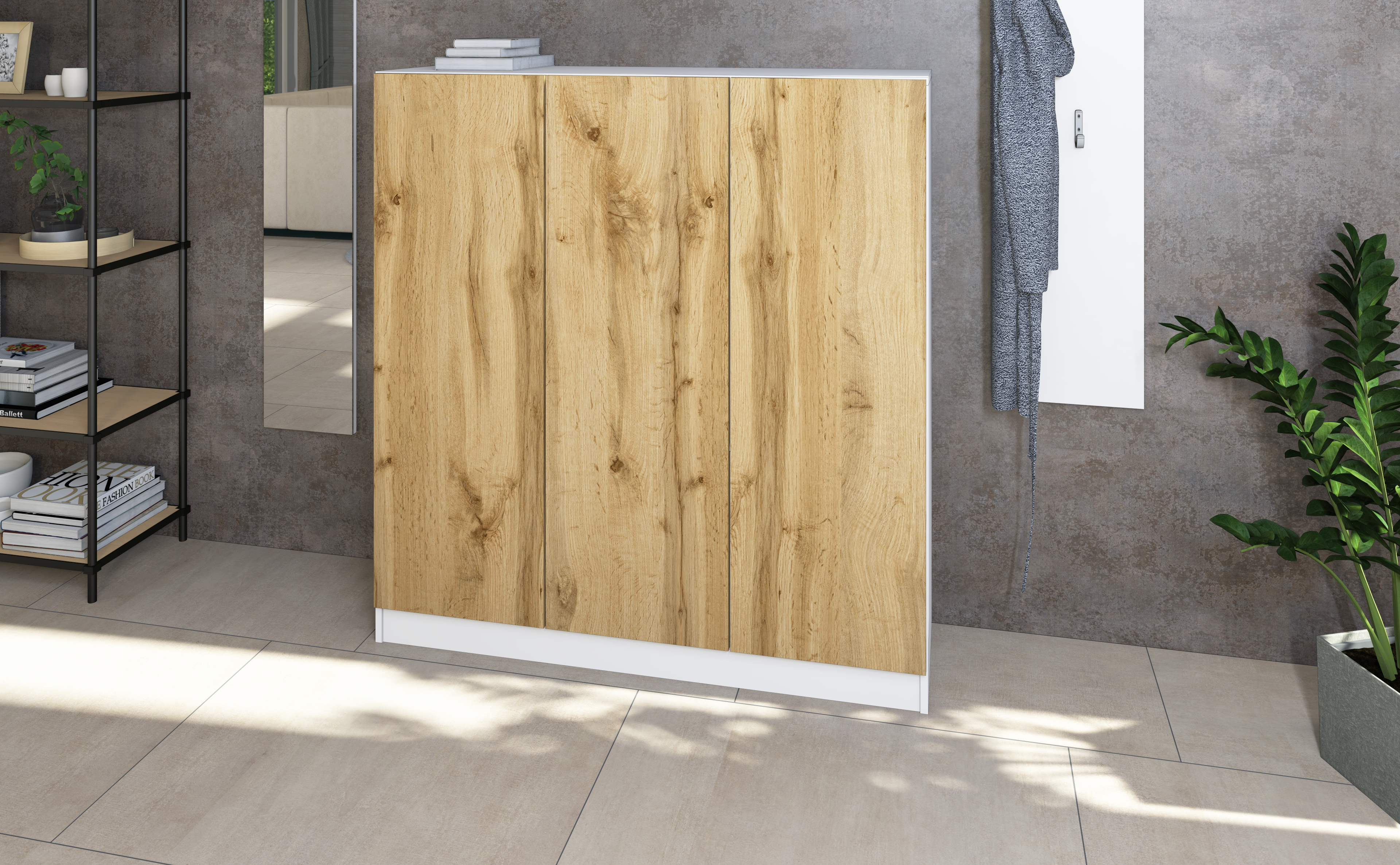 Schuhschrank VAASA mit 3 Türen in weiß matt/eiche Wotan