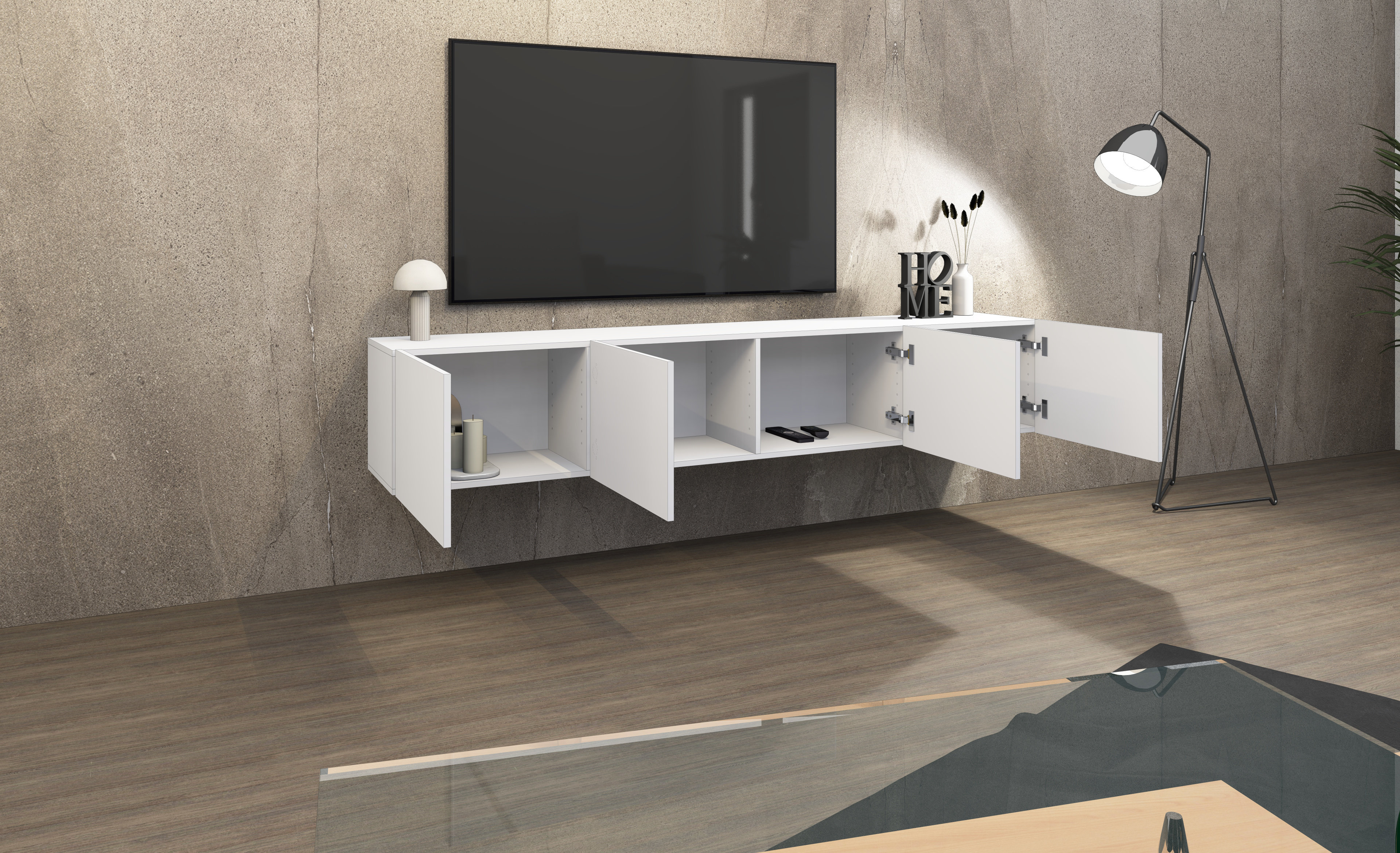 LB200_4T_weiss-matt_05 Lowboard Weiß "Sophia" 200 cm 4-türig, geöffnet