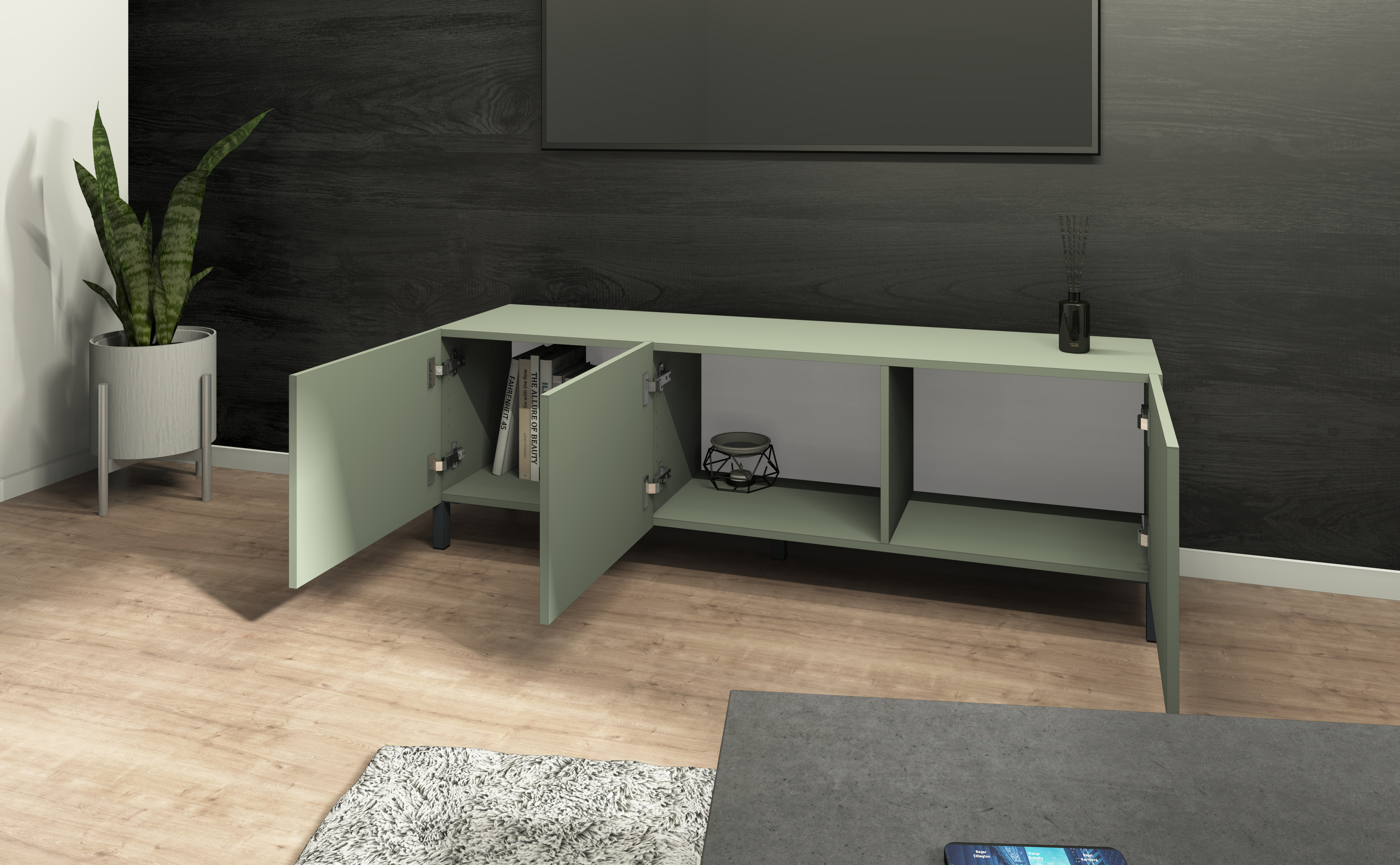 Lowboard Pori 139 cm Salbei-Dekor, 3 Türen, Metallfüße