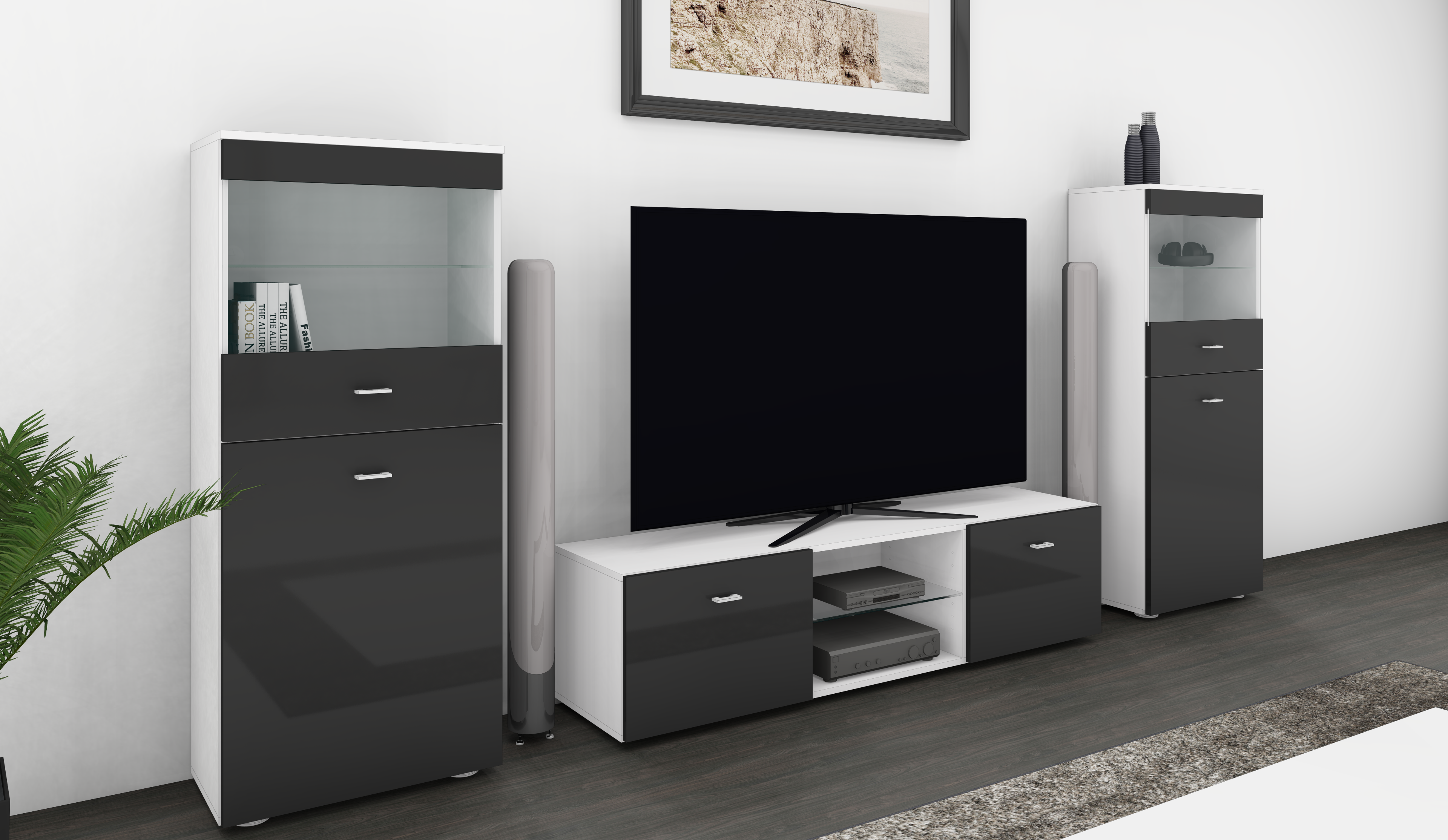 TV-Wand Weiß-Graphit Hochglanz "Scala" mit Lowboard und Vitrinen