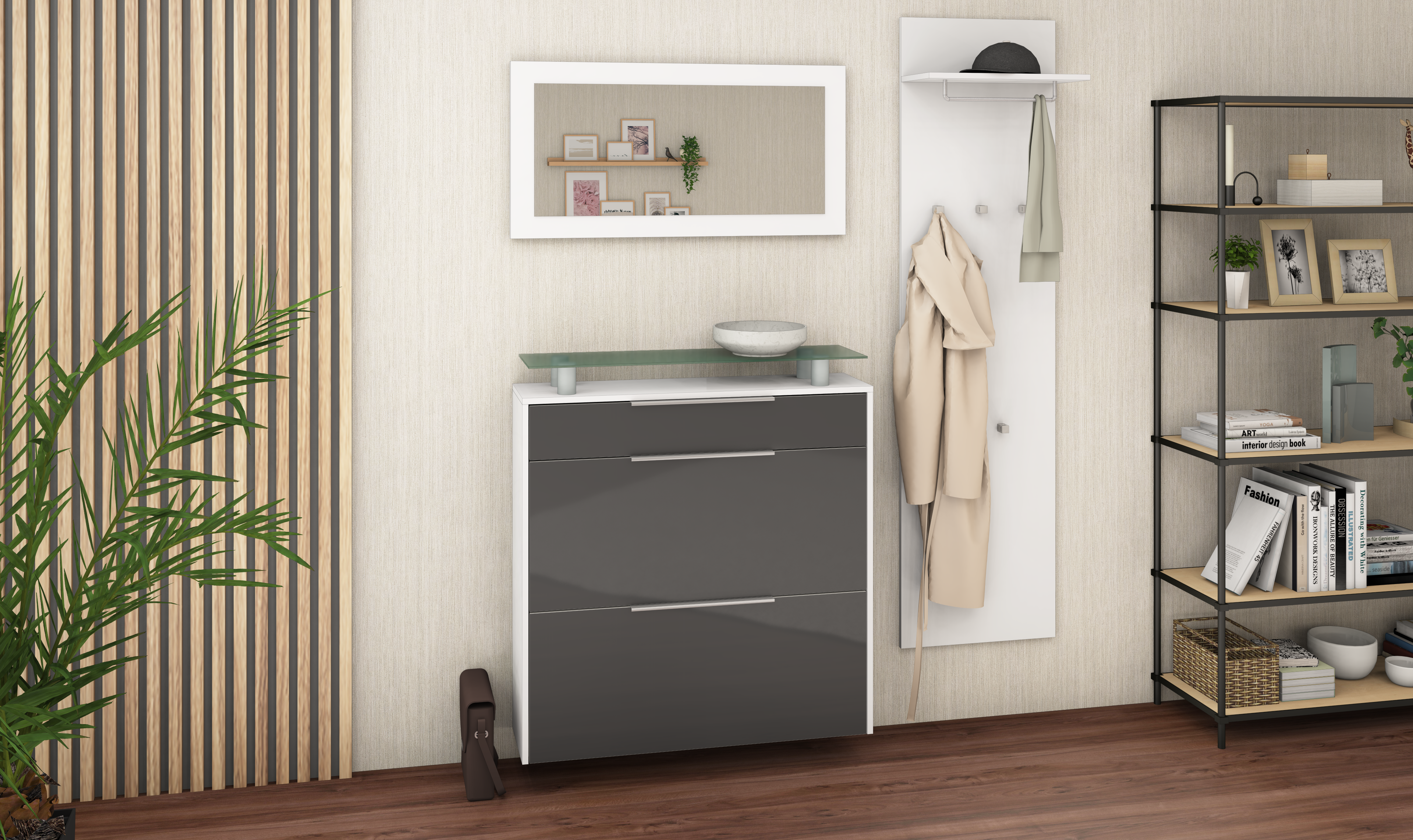 10650323_Oliva_G-Set-h-ngend-graphit-hg-4 Schuhschrank im Set mit Spiegel und Paneel "Oliva" Weiß Matt - Graphit Hochglanz