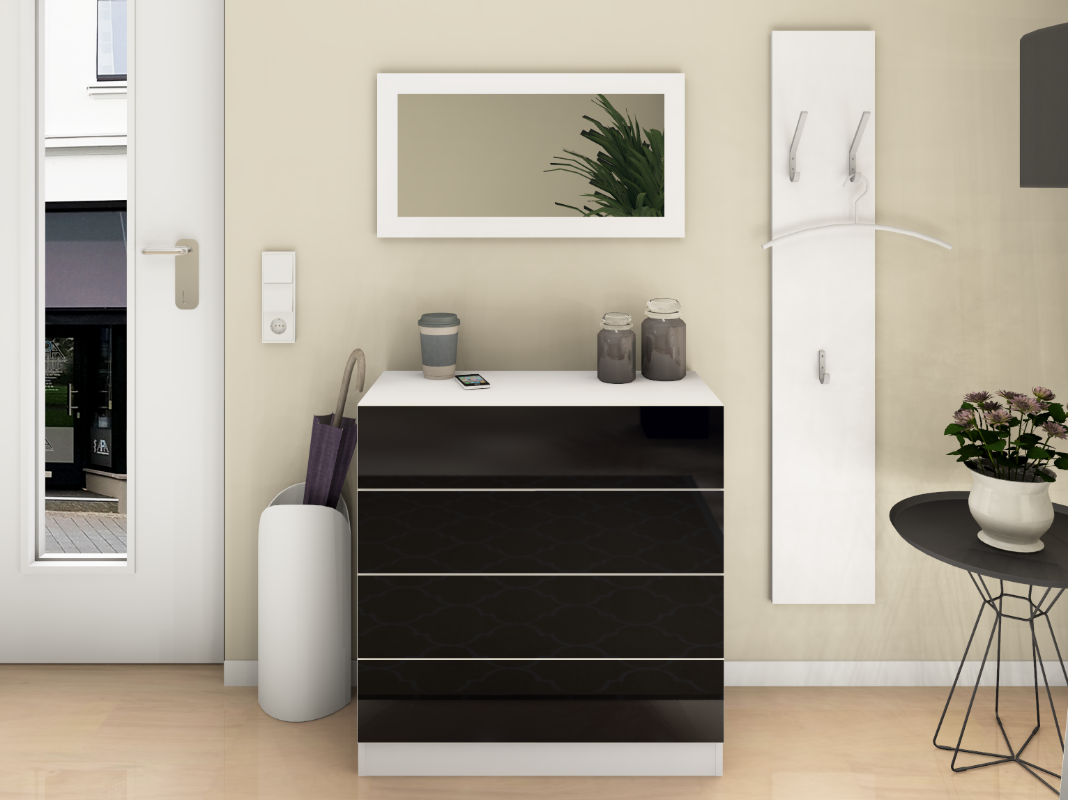 Kommode Weiß Matt - Schwarz Hochglanz im Set "Vaasa" mit Spiegel und Paneel