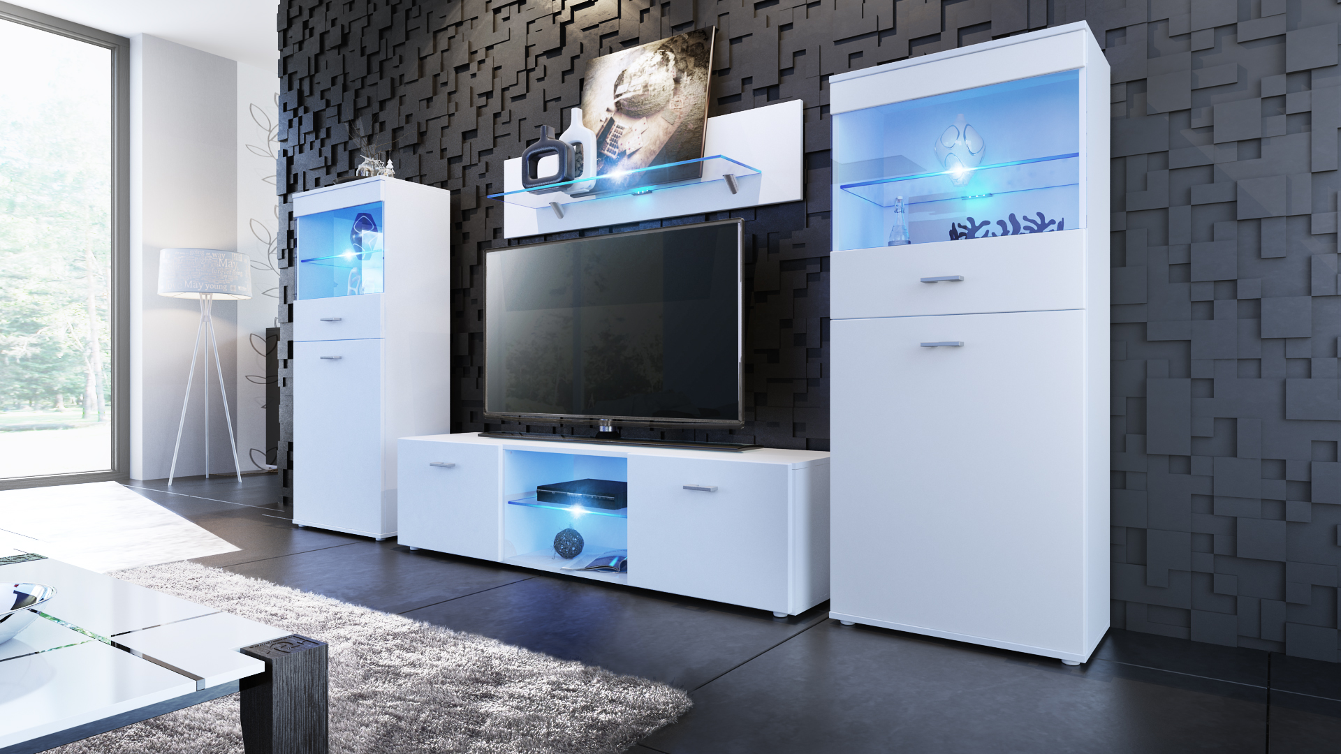 698-535-1 TV-Wand Weiß Matt "Scala" mit Lowboard und Vitrinen