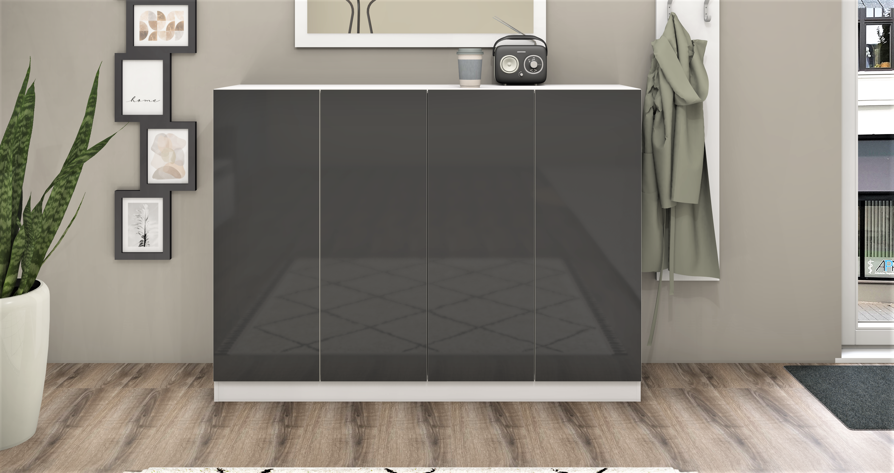 Schuhschrank Weiß Matt - Graphit Hochglanz "Vaasa" 4-türigSchuhschrank VAASA 4-türig Weiß-Graphit Glanz