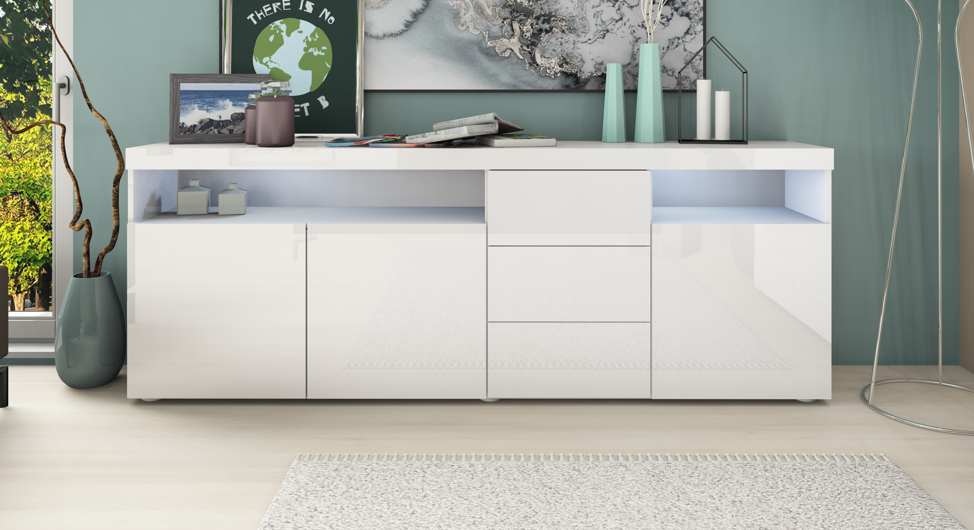 SB200-weiss-HG_1 Sideboard "Kapstadt" 200 cm in Weiß Hochglanz