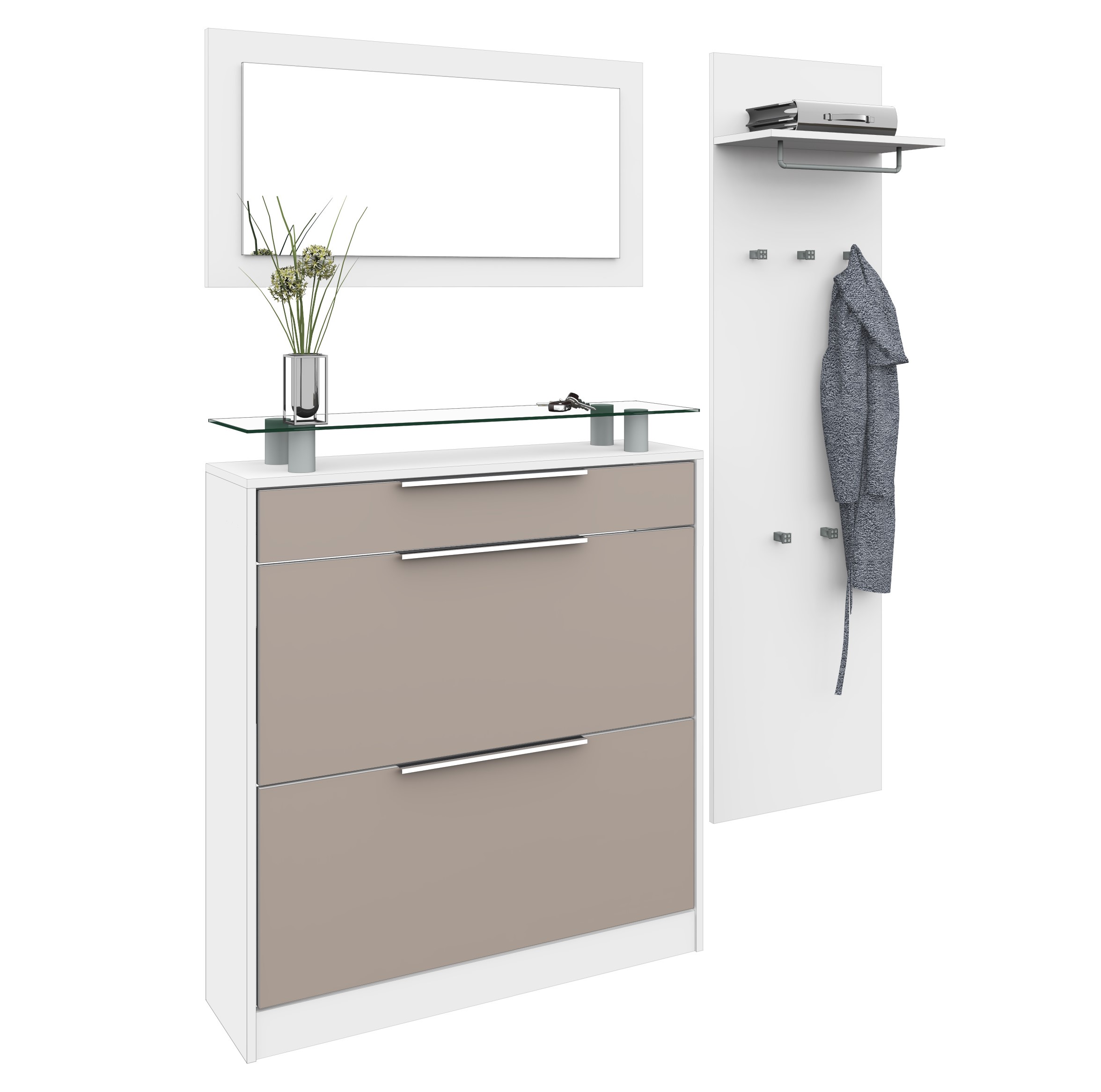 Schuhschrank im Set mit Spiegel und Paneel "Oliva" Weiß - Cappuccino Congo