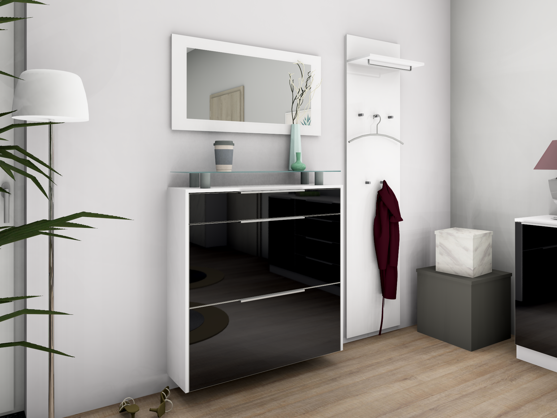 Schuhschrank "Oliva" zum Hängen im Set in weiß - schwarz hochglänzend